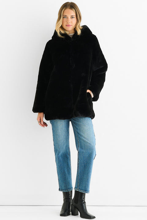 Black Hooded Long Sleeve Faux Fur Jacket by Gini London
