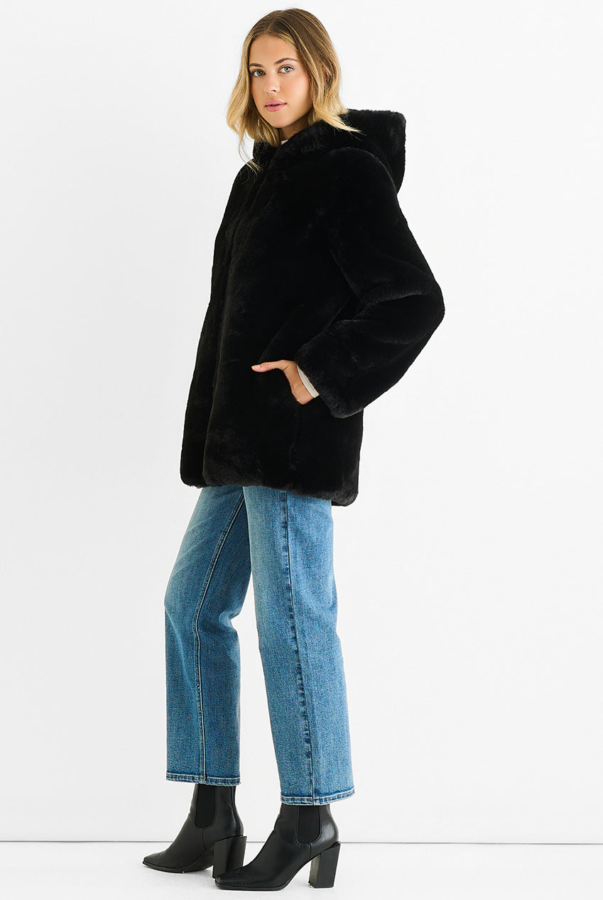 Black Hooded Long Sleeve Faux Fur Jacket B6159B001