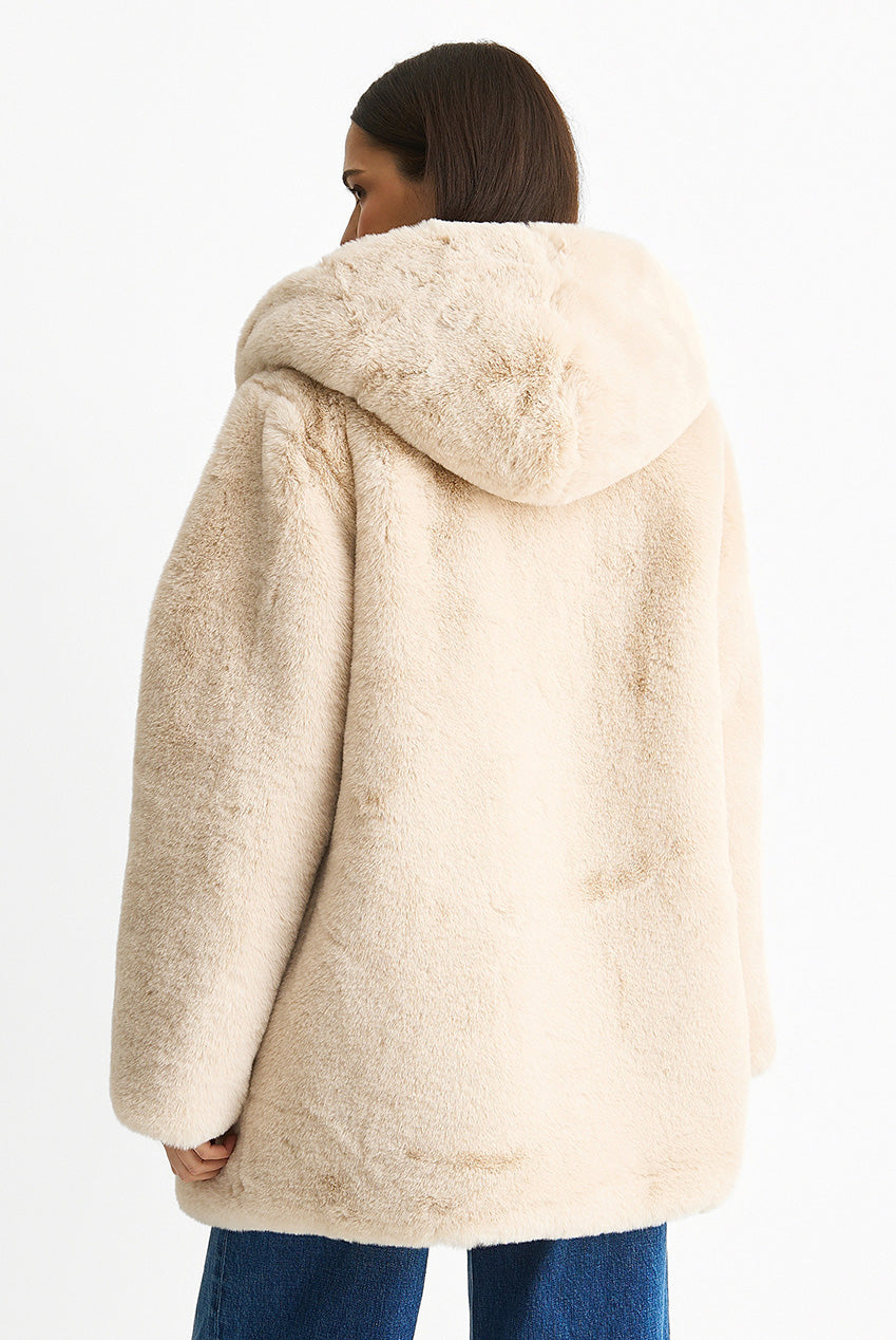 Stone Hooded Long Sleeve Faux Fur Jacket B6159B004