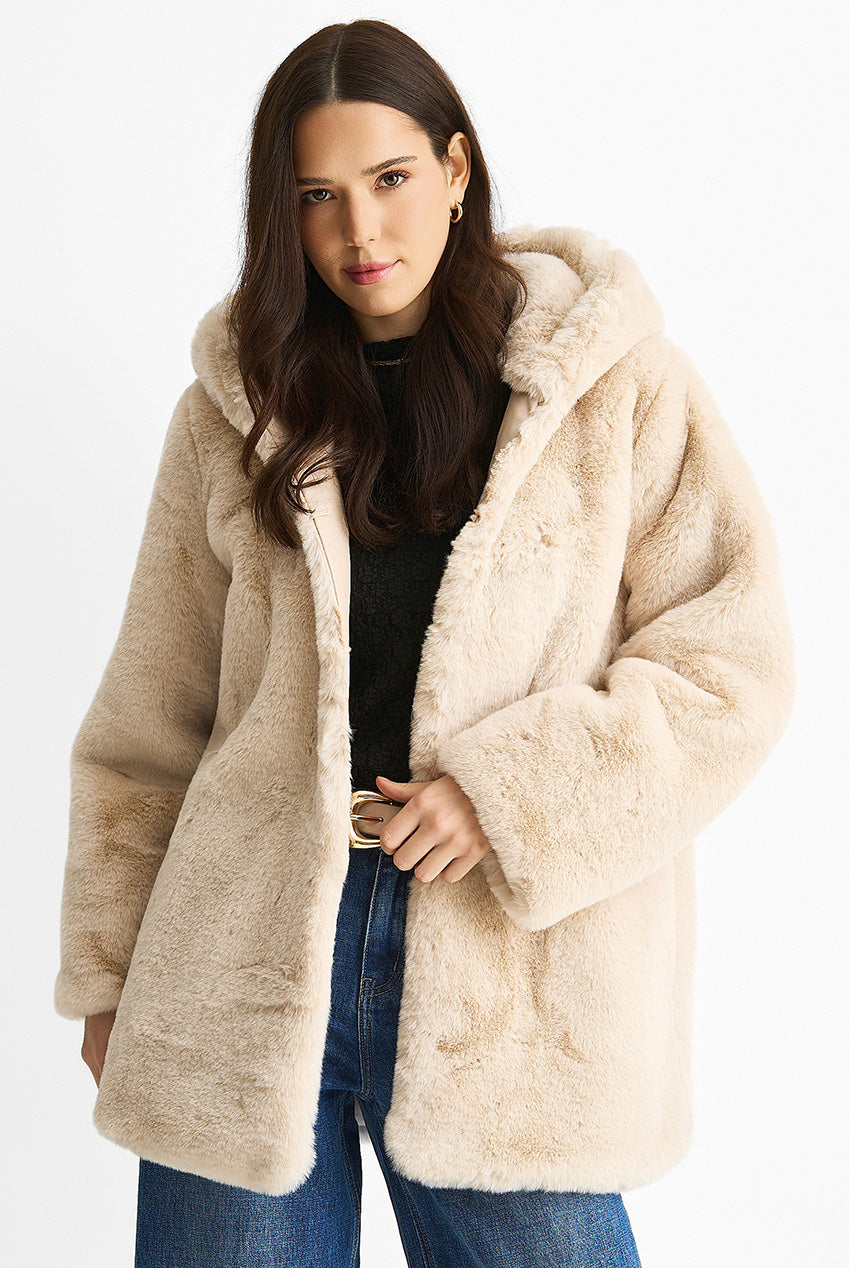 Stone Hooded Long Sleeve Faux Fur Jacket B6159B004