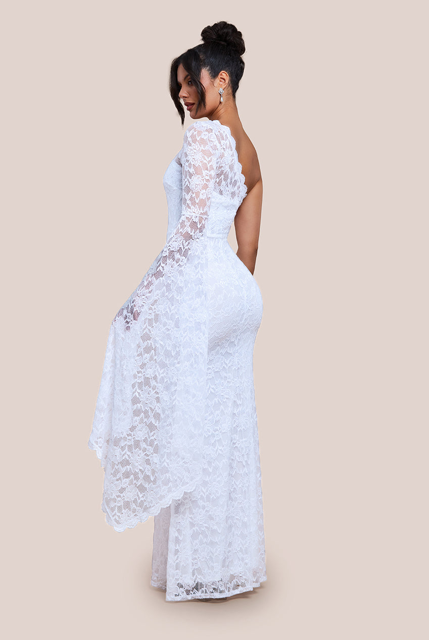 One Shoulder Scalloped Neck Maxi Dress - White DR4601