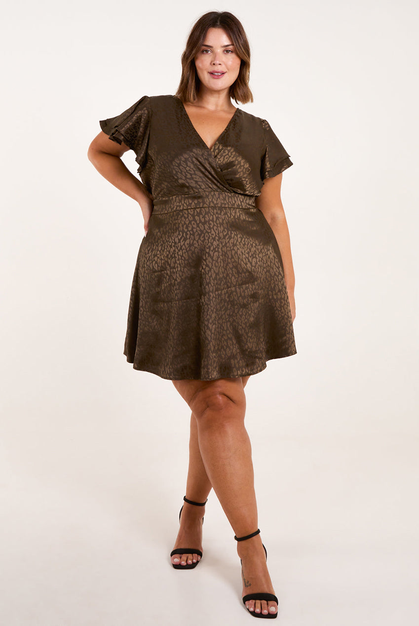 Curve Leopard Jacquard Frill Sleeve Mini Dress BC246713056