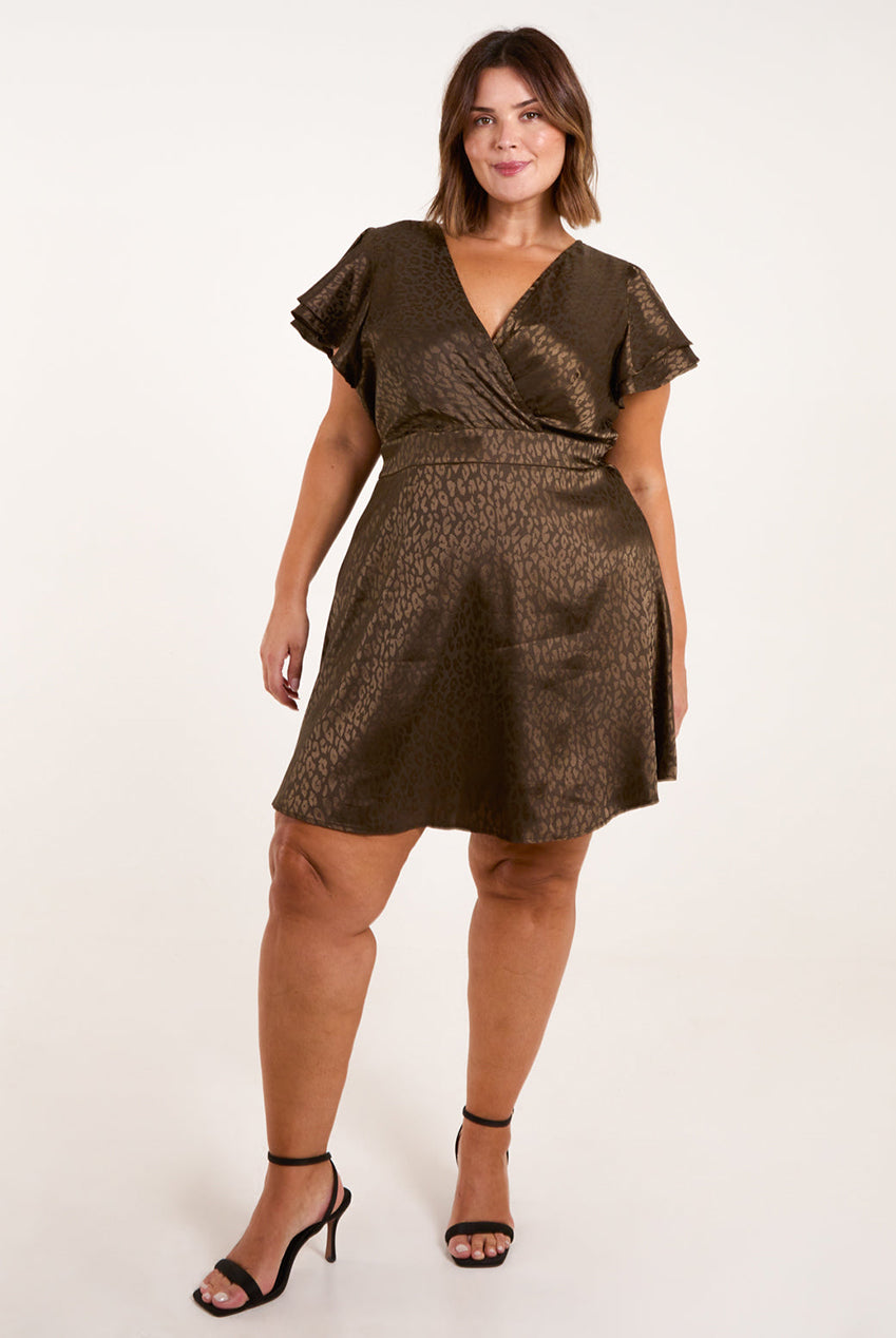 Curve Leopard Jacquard Frill Sleeve Mini Dress BC246713056
