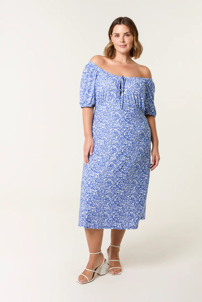 Bright Blue - Curve Ditsy Print Milkmaid Stretch Crepe Midi Dress by Blue Vanilla