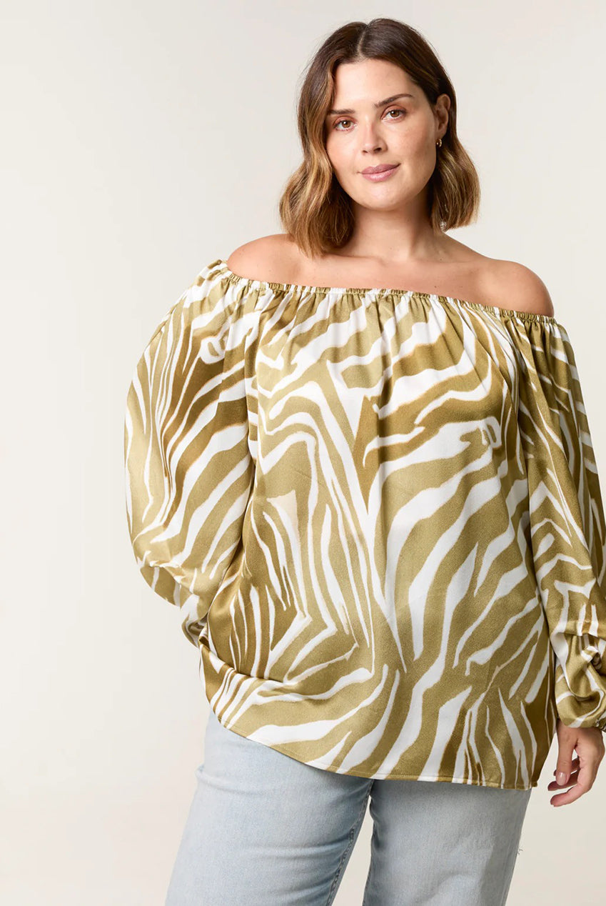 Curve Zebra Satin Ruched Bardot Top BC257715056A