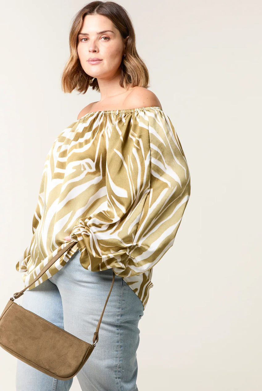 Curve Zebra Satin Ruched Bardot Top BC257715056A