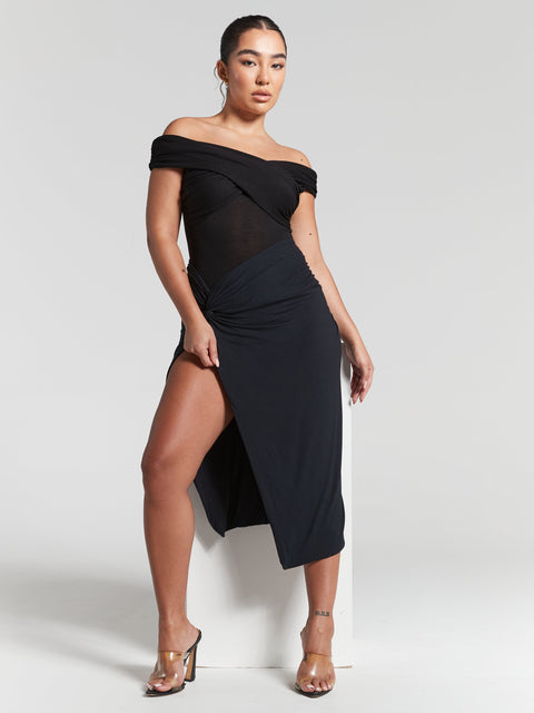 Rhea Black Pleated Bardot Bodysuit by InFlair
