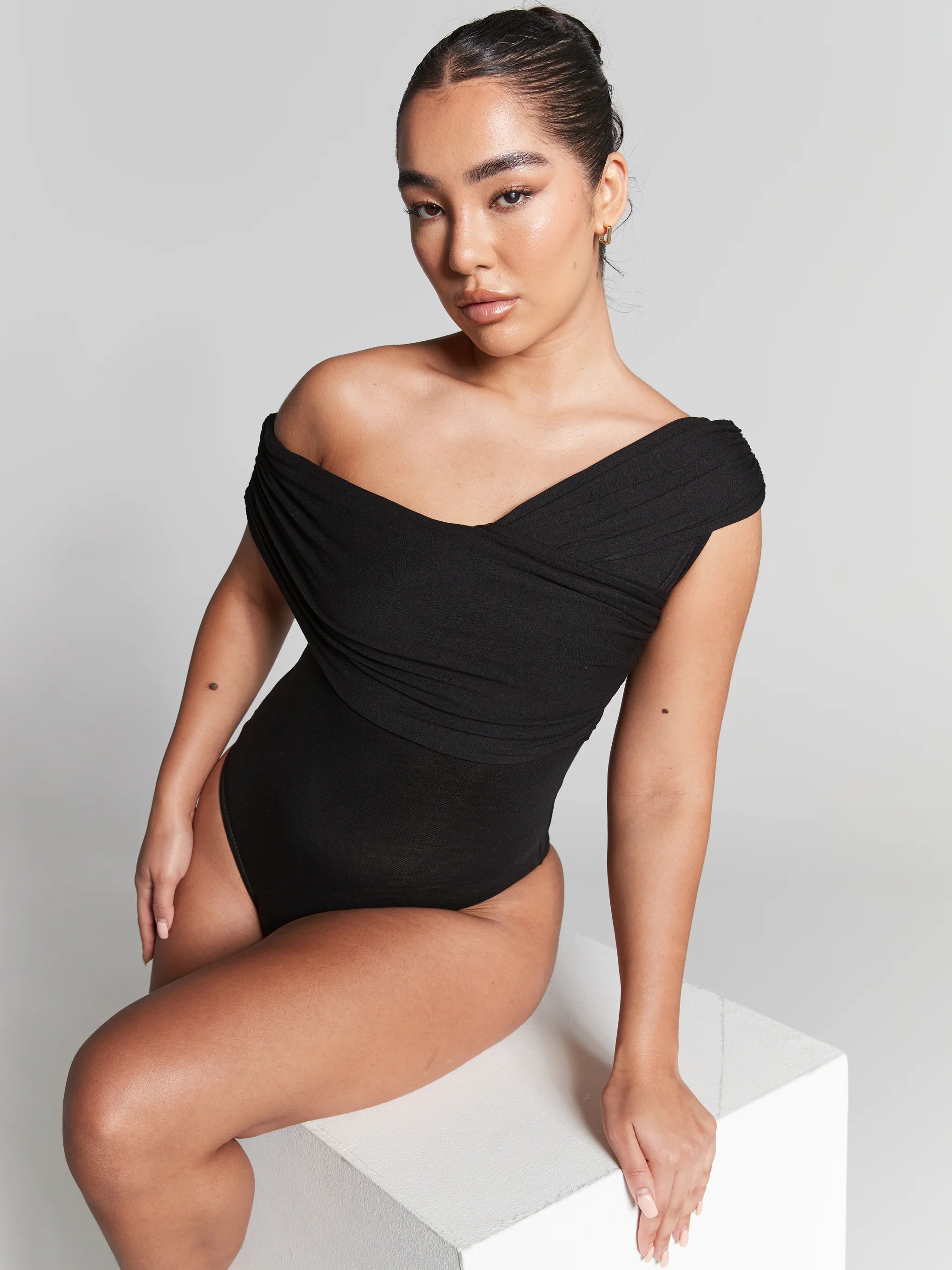 Rhea Black Pleated Bardot Bodysuit INF20284