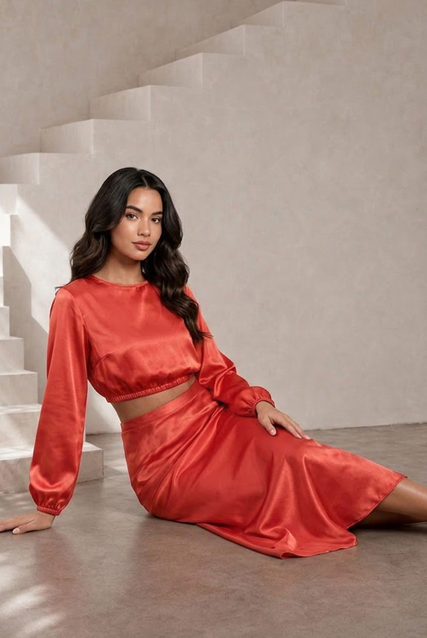 Balloon Sleeve Satin Crop Top In Red BN0643TRE