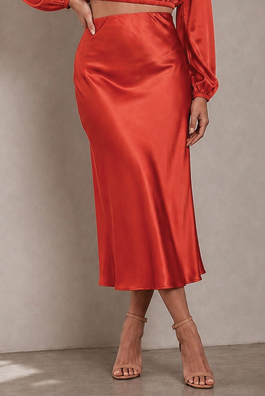 Satin Midi Slip Skirt In Red BN1566SKRE