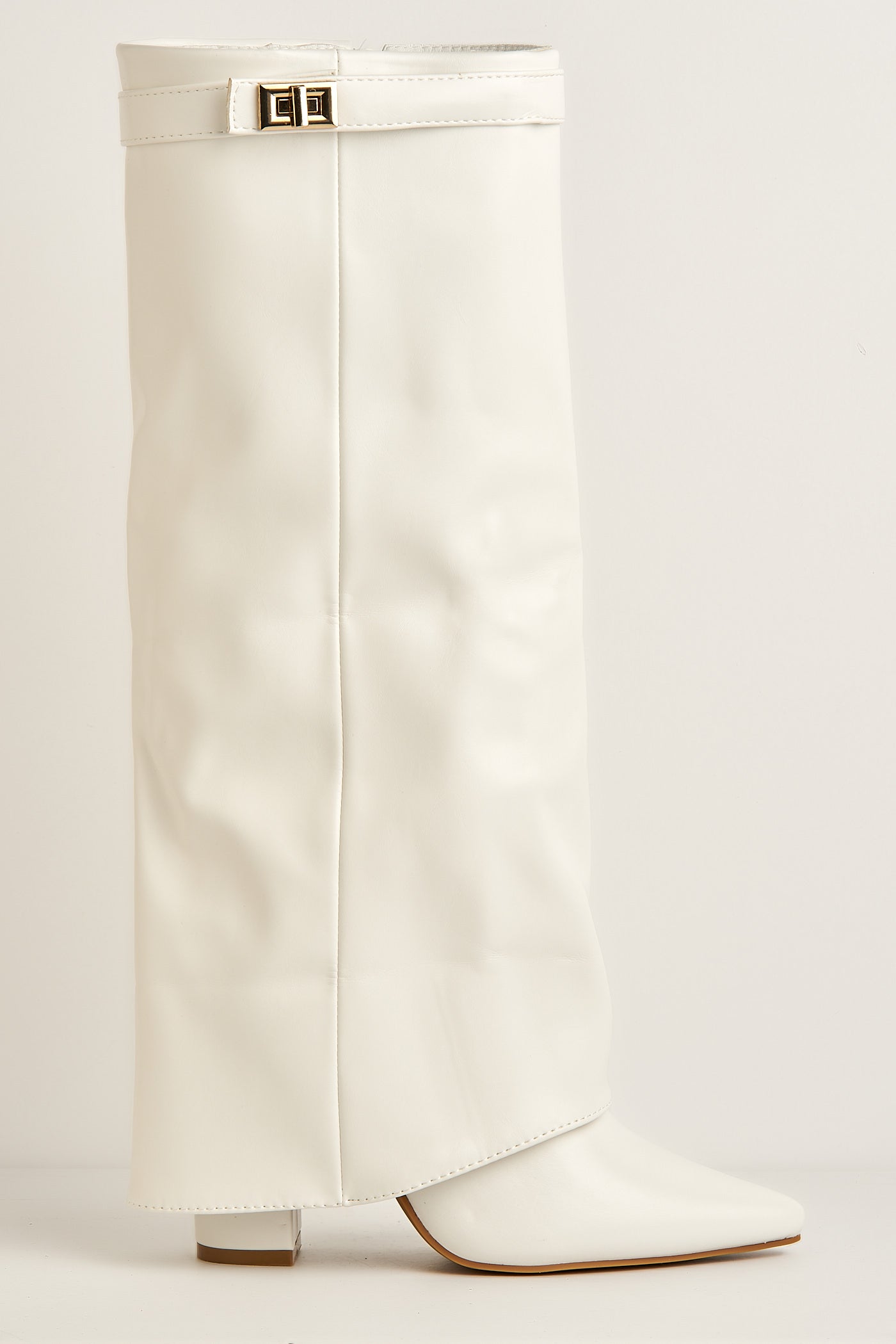 Ayla Block Heel Pointy Toe Gold Trim Buckle Collar Covered Calfboots In White Matt BAILEYS14-WHTMT