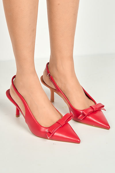 Red - Cheri Bow Detail Kitten Heel Slingback Court Shoes In Red by Miss Diva