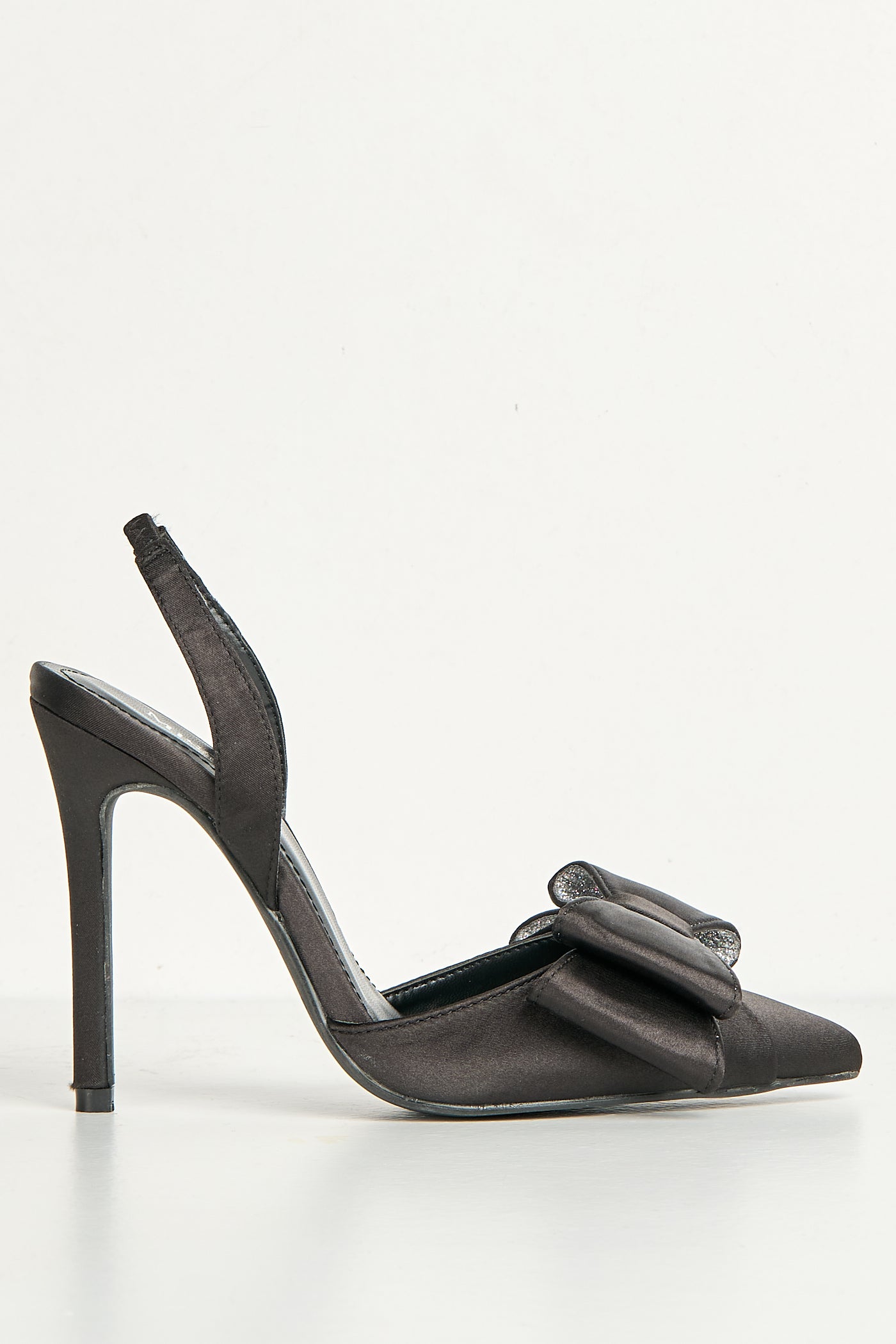 Salwa Pointy Toe Bow Slingback Court Shoes In Black Satin FURY1-BLKST