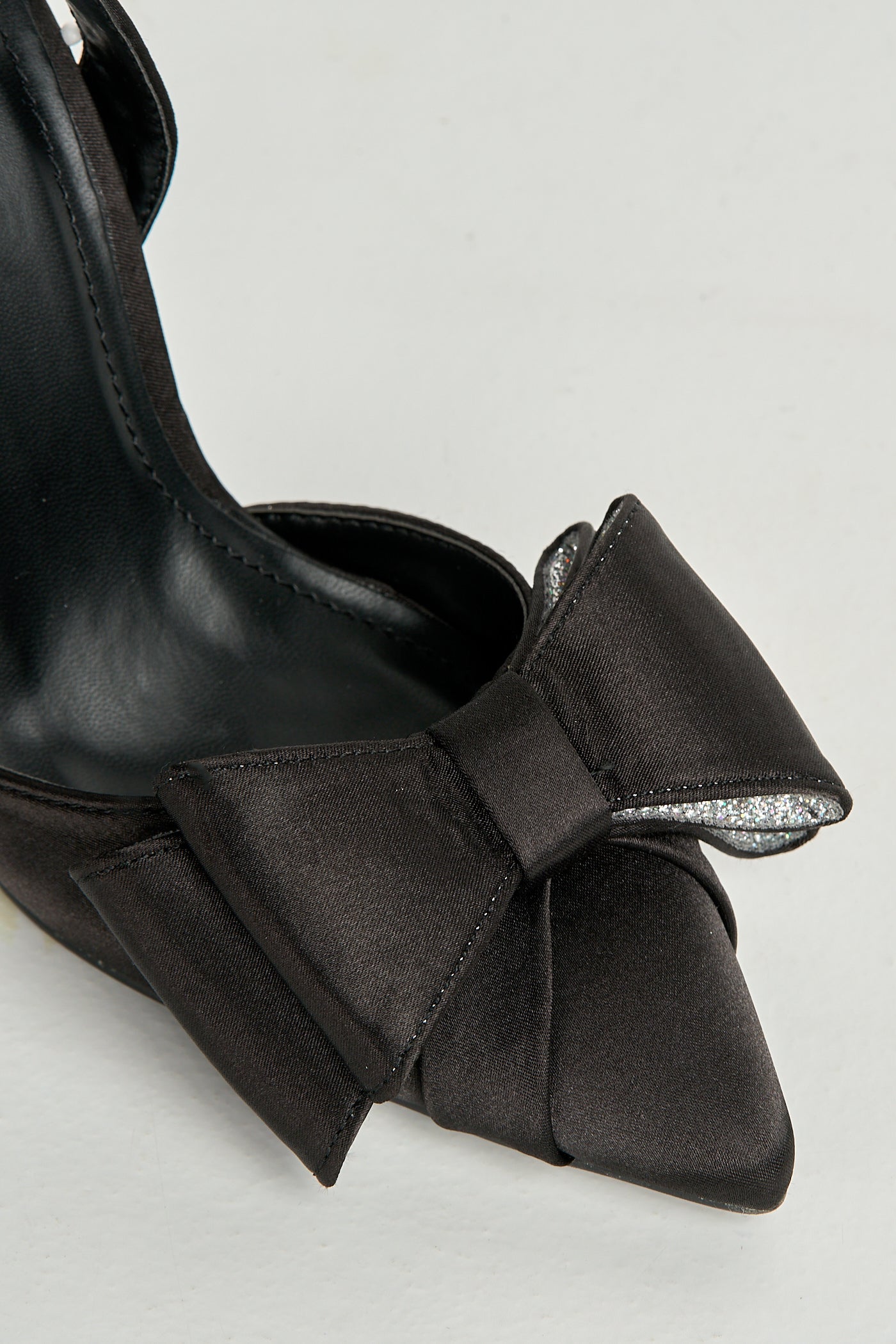 Salwa Pointy Toe Bow Slingback Court Shoes In Black Satin FURY1-BLKST