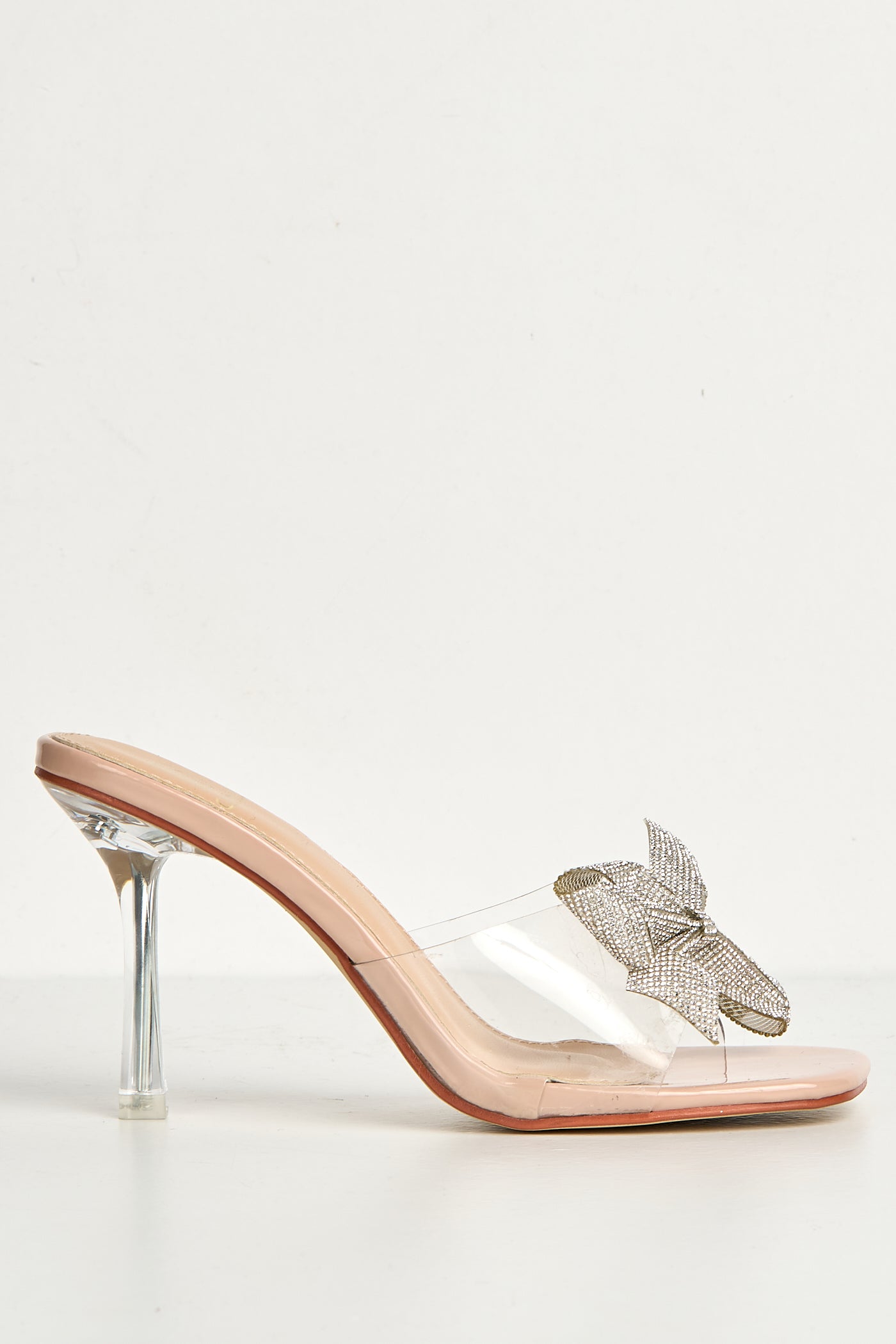 Kaya Diamante Bow Detail Perspex Mules In Nude SQC-148-NUD