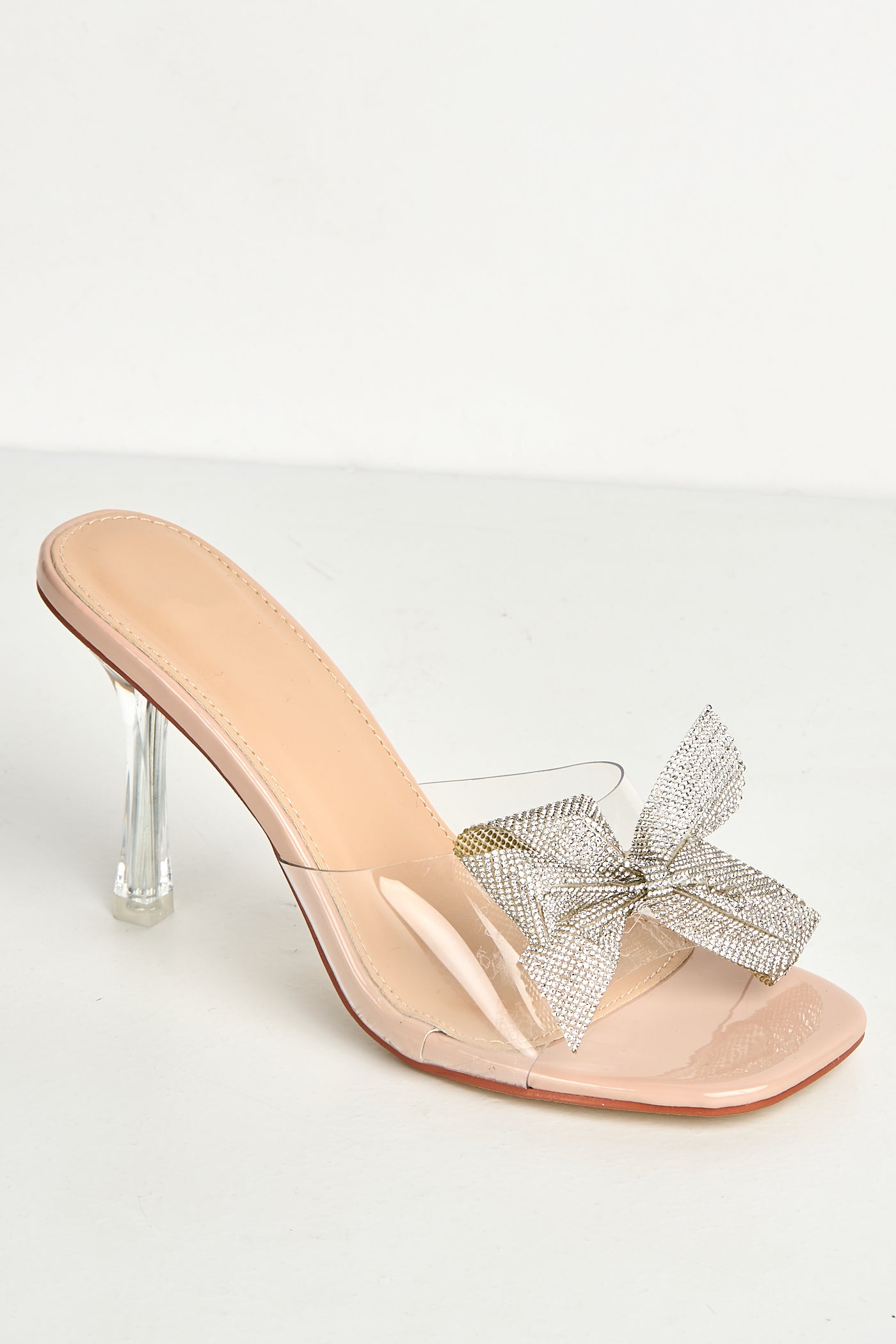 Kaya Diamante Bow Detail Perspex Mules In Nude SQC-148-NUD