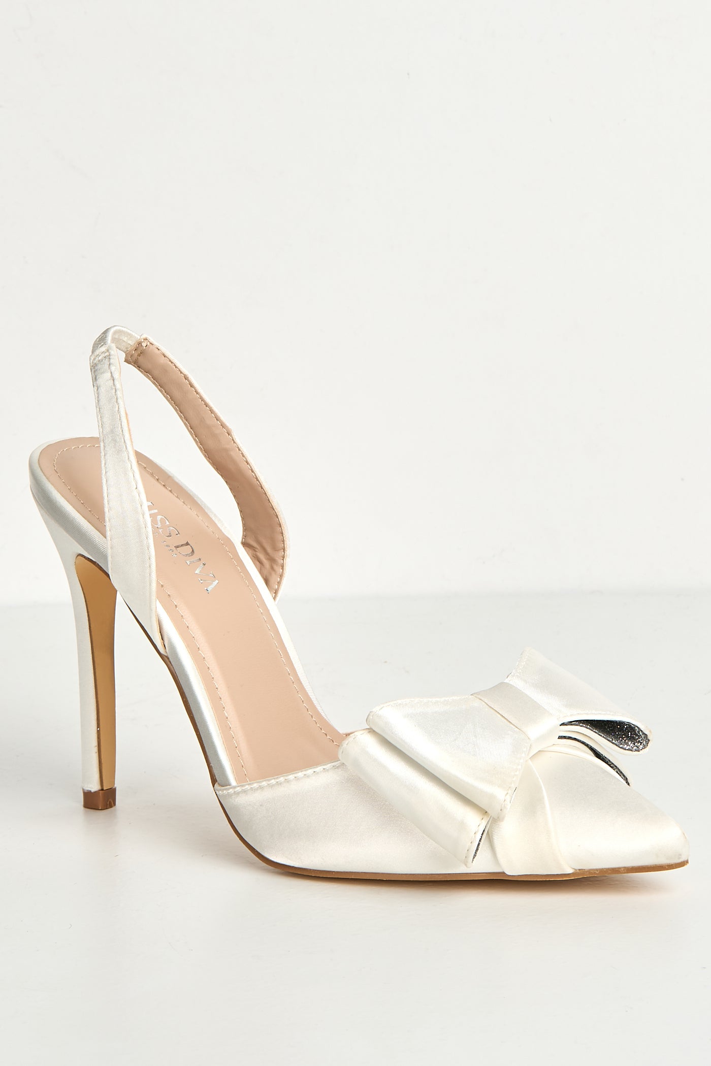 Salwa Pointy Toe Bow Slingback Court Shoes In White Satin FURY1-WHTST