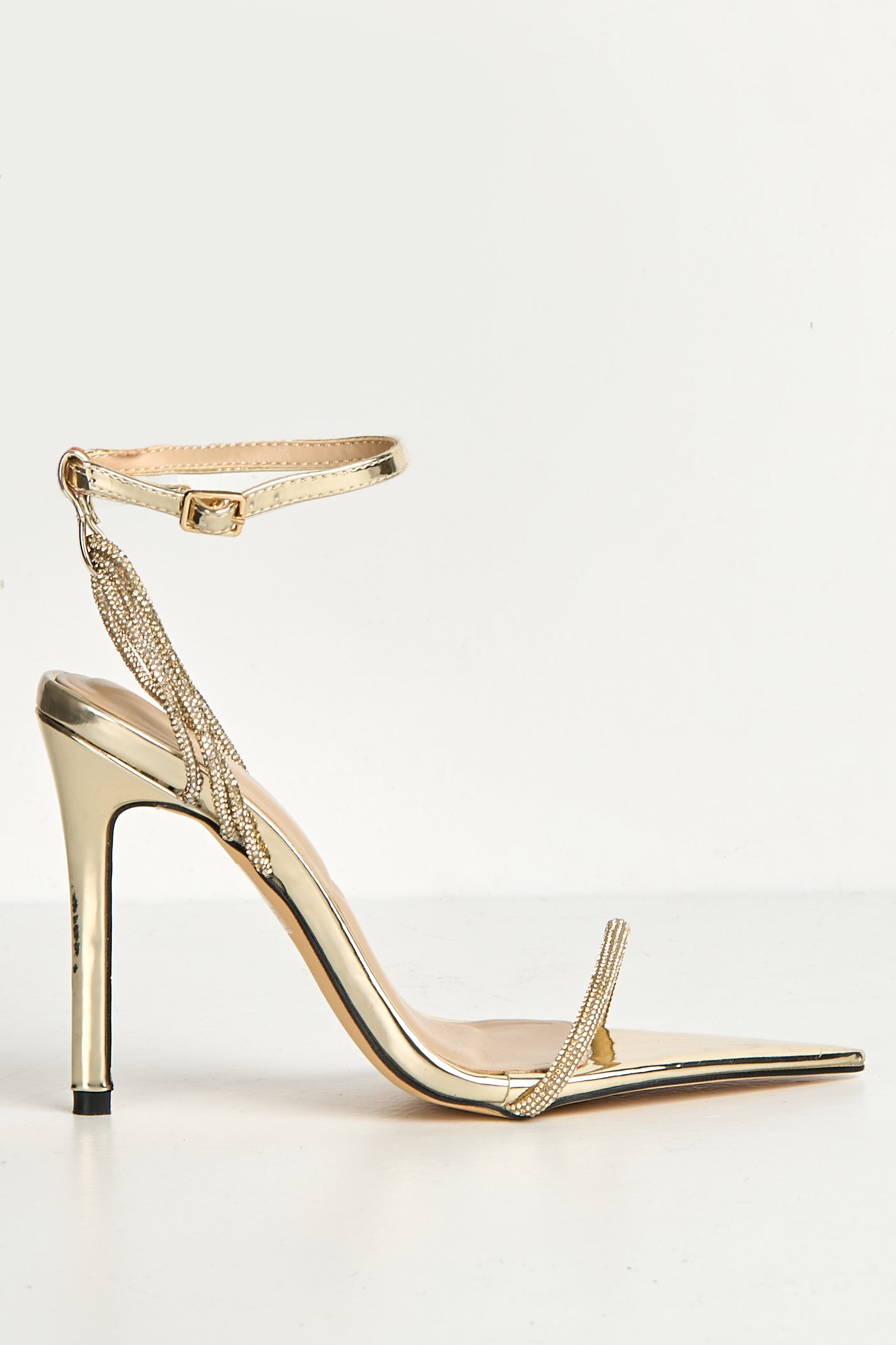 Vela Pointy Toe 3 Diamante Strap Heeled Sandals In Gold FURY10-GOL