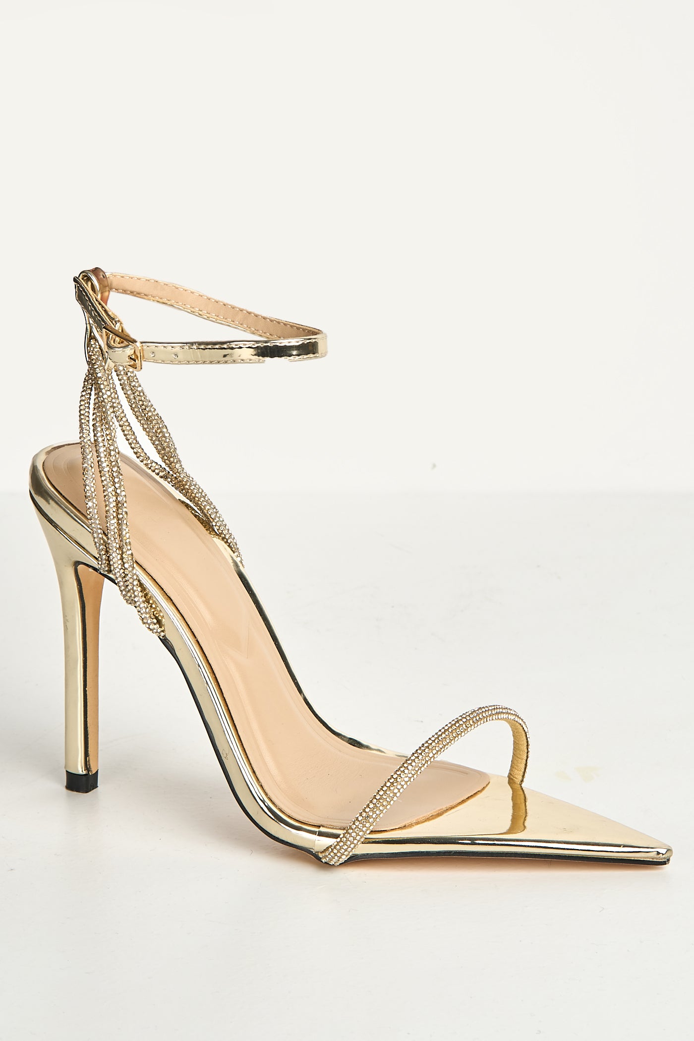 Vela Pointy Toe 3 Diamante Strap Heeled Sandals In Gold FURY10-GOL