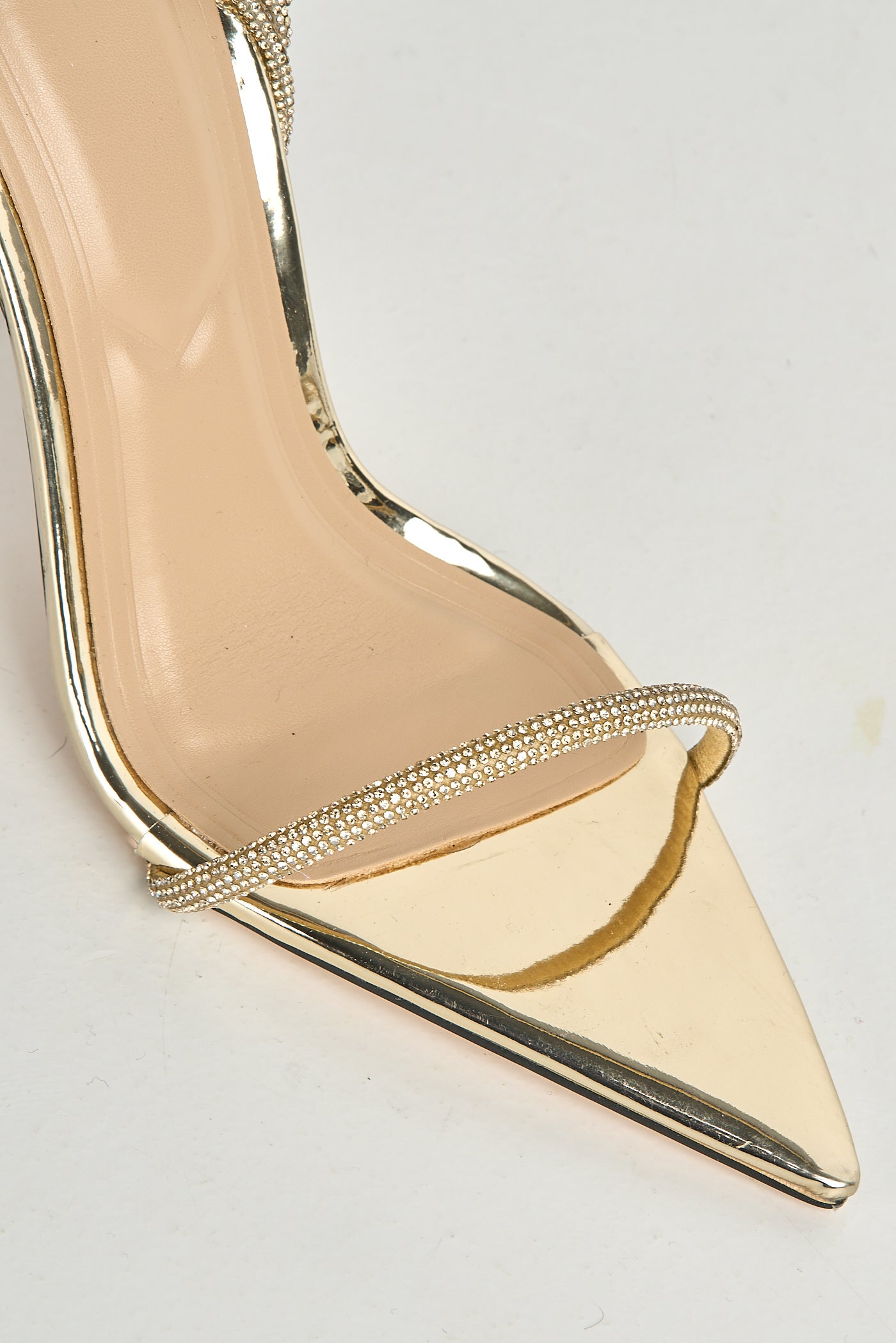 Vela Pointy Toe 3 Diamante Strap Heeled Sandals In Gold FURY10-GOL