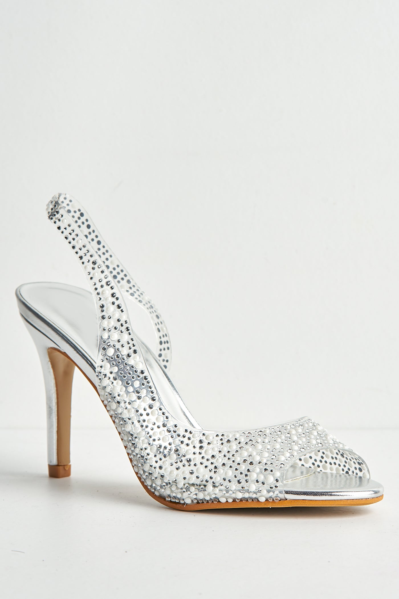 Eliana Diamante & Pearl Encrusted Slingback Heeled Sandals In Silver DYD2005-22-SVR