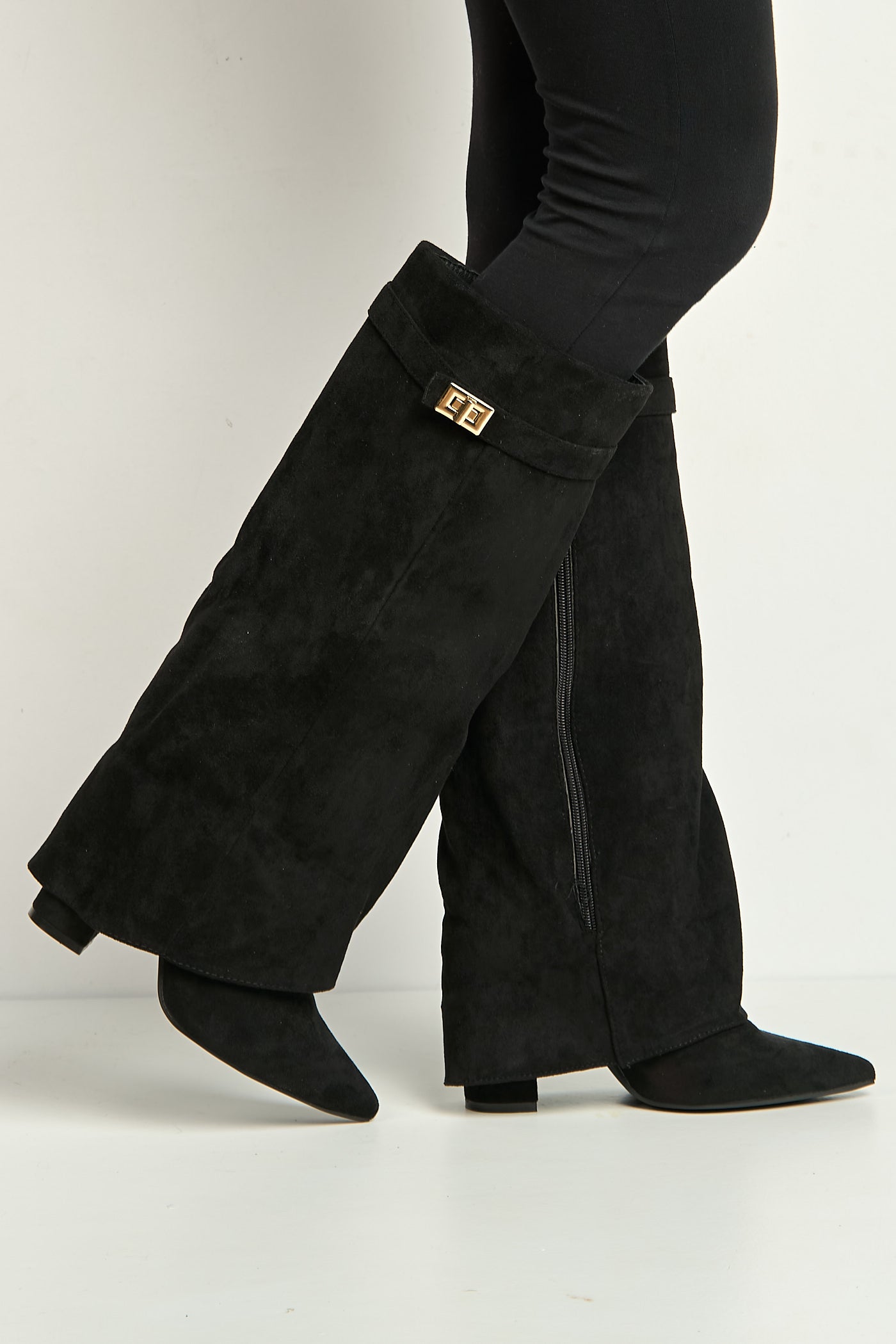 Ayla Block Heel Pointy Toe Gold Trim Buckle Collar Covered Calfboots In Black Suede BAILEYS14-BLKSU