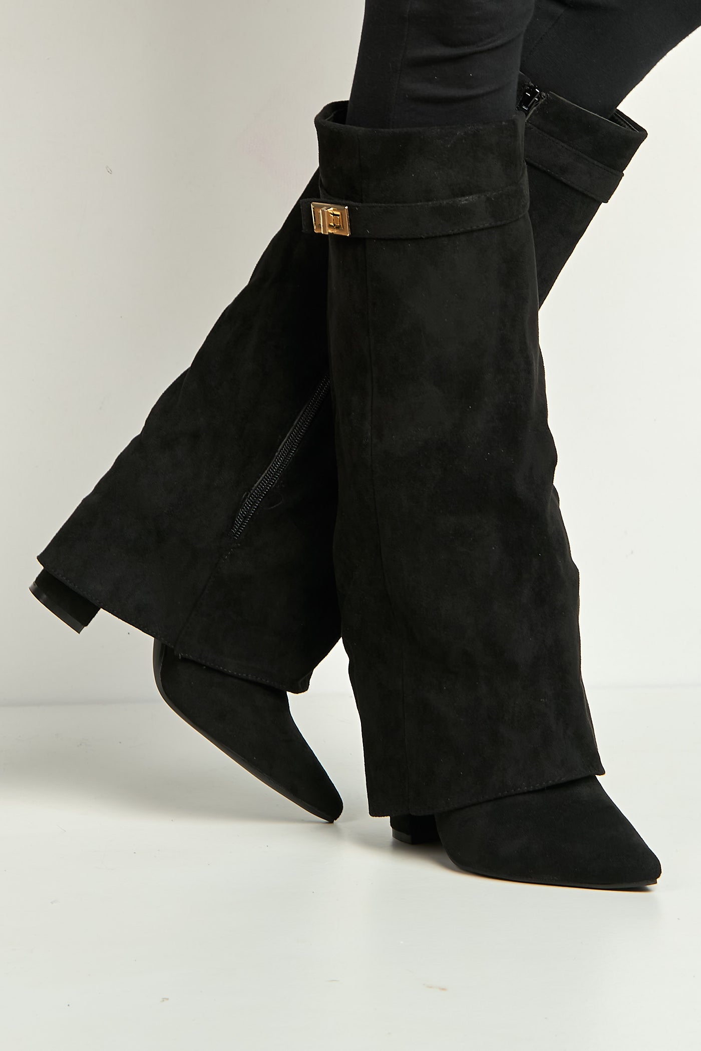 Ayla Block Heel Pointy Toe Gold Trim Buckle Collar Covered Calfboots In Black Suede BAILEYS14-BLKSU