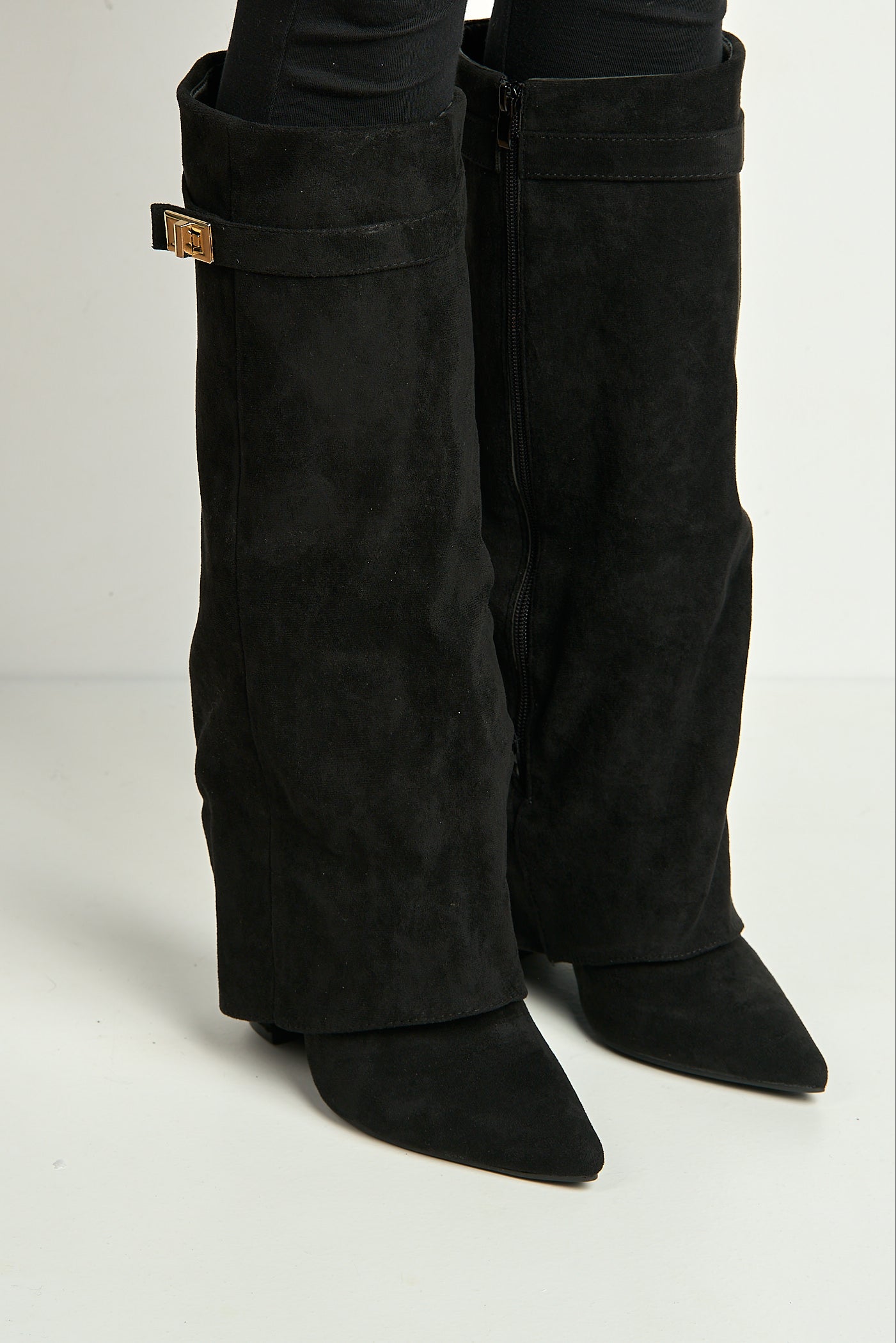 Ayla Block Heel Pointy Toe Gold Trim Buckle Collar Covered Calfboots In Black Suede BAILEYS14-BLKSU