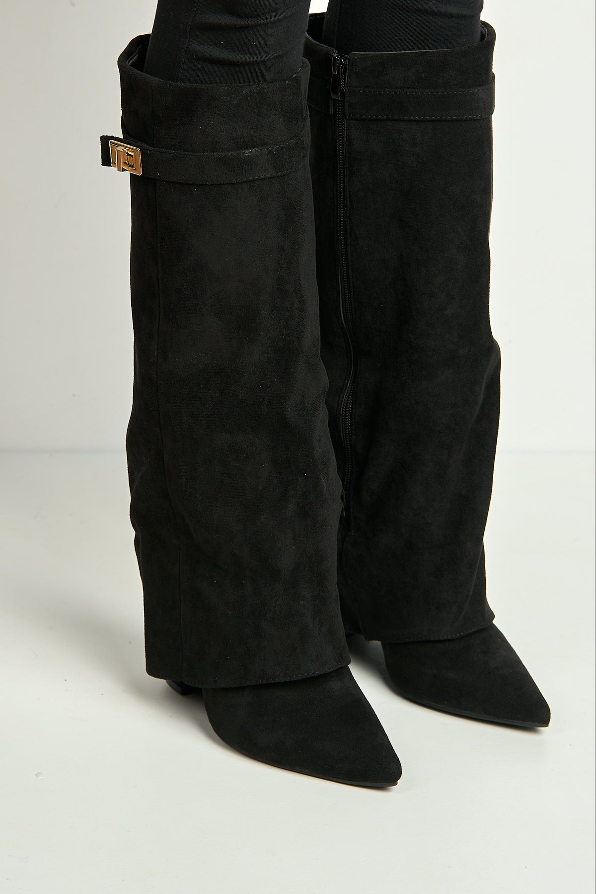 Ayla Block Heel Pointy Toe Gold Trim Buckle Collar Covered Calfboots In Black Suede BAILEYS14-BLKSU