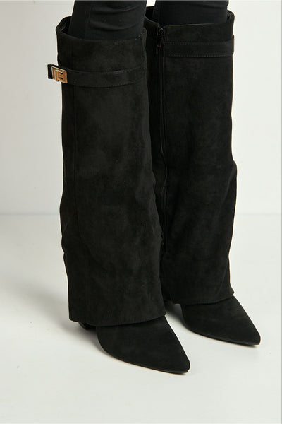Black - Ayla Block Heel Pointy Toe Gold Trim Buckle Collar Covered Calfboots In Black Suede by Miss Diva
