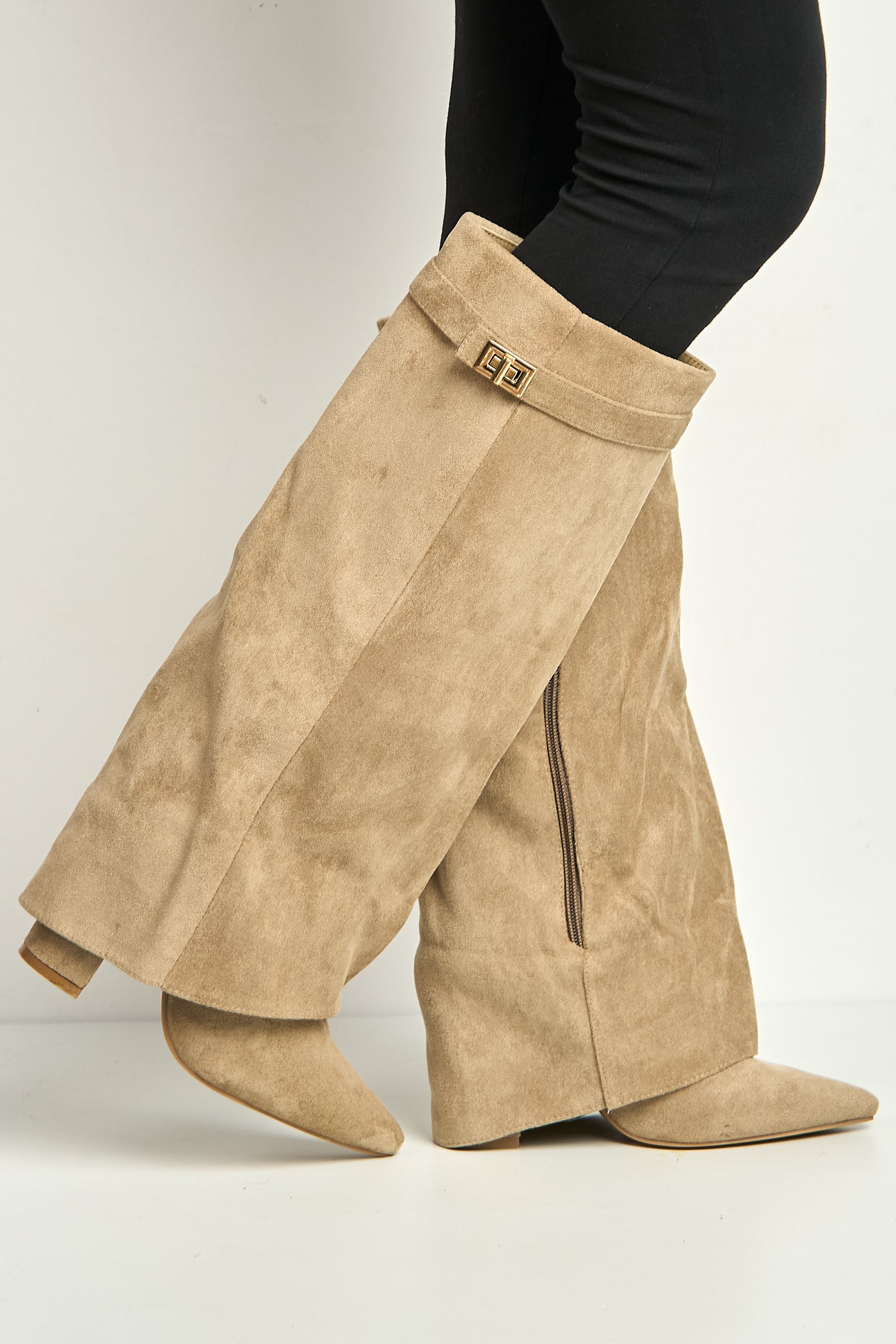 Ayla Block Heel Pointy Toe Gold Trim Buckle Collar Covered Calfboots In Taupe Suede BAILEYS14-TAUSU