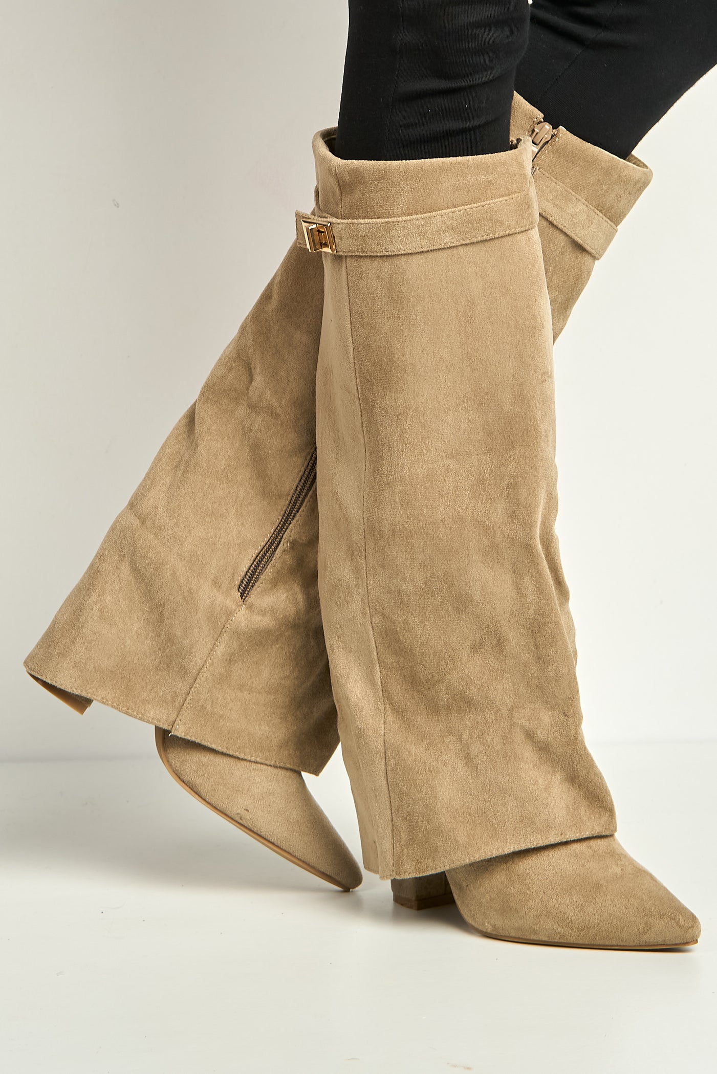Ayla Block Heel Pointy Toe Gold Trim Buckle Collar Covered Calfboots In Taupe Suede BAILEYS14-TAUSU