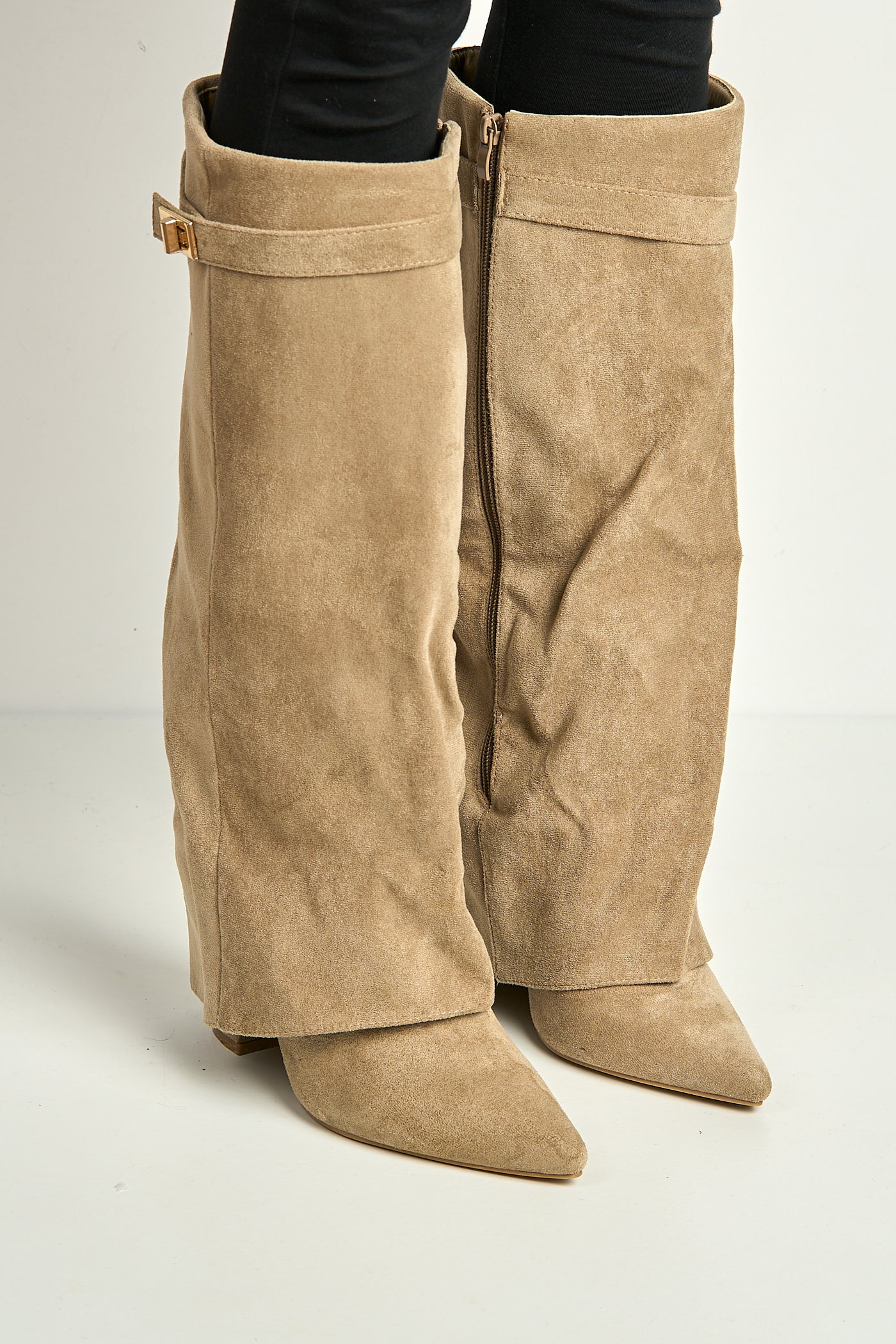 Ayla Block Heel Pointy Toe Gold Trim Buckle Collar Covered Calfboots In Taupe Suede BAILEYS14-TAUSU