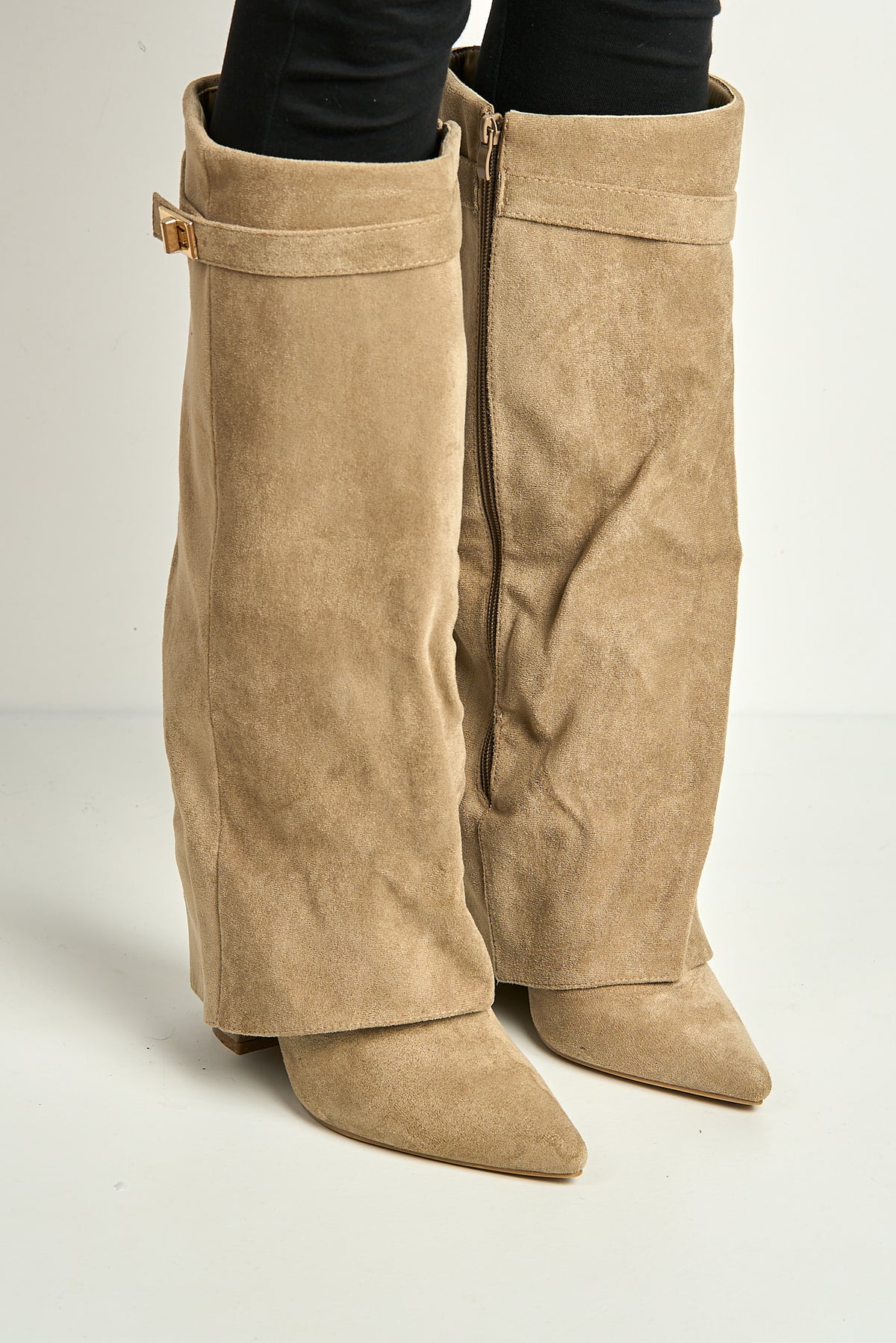 Ayla Block Heel Pointy Toe Gold Trim Buckle Collar Covered Calfboots In Taupe Suede BAILEYS14-TAUSU