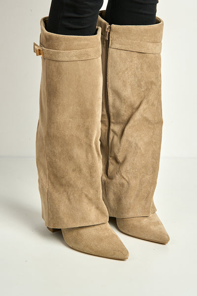 Taupe - Ayla Block Heel Pointy Toe Gold Trim Buckle Collar Covered Calfboots In Taupe Suede by Miss Diva