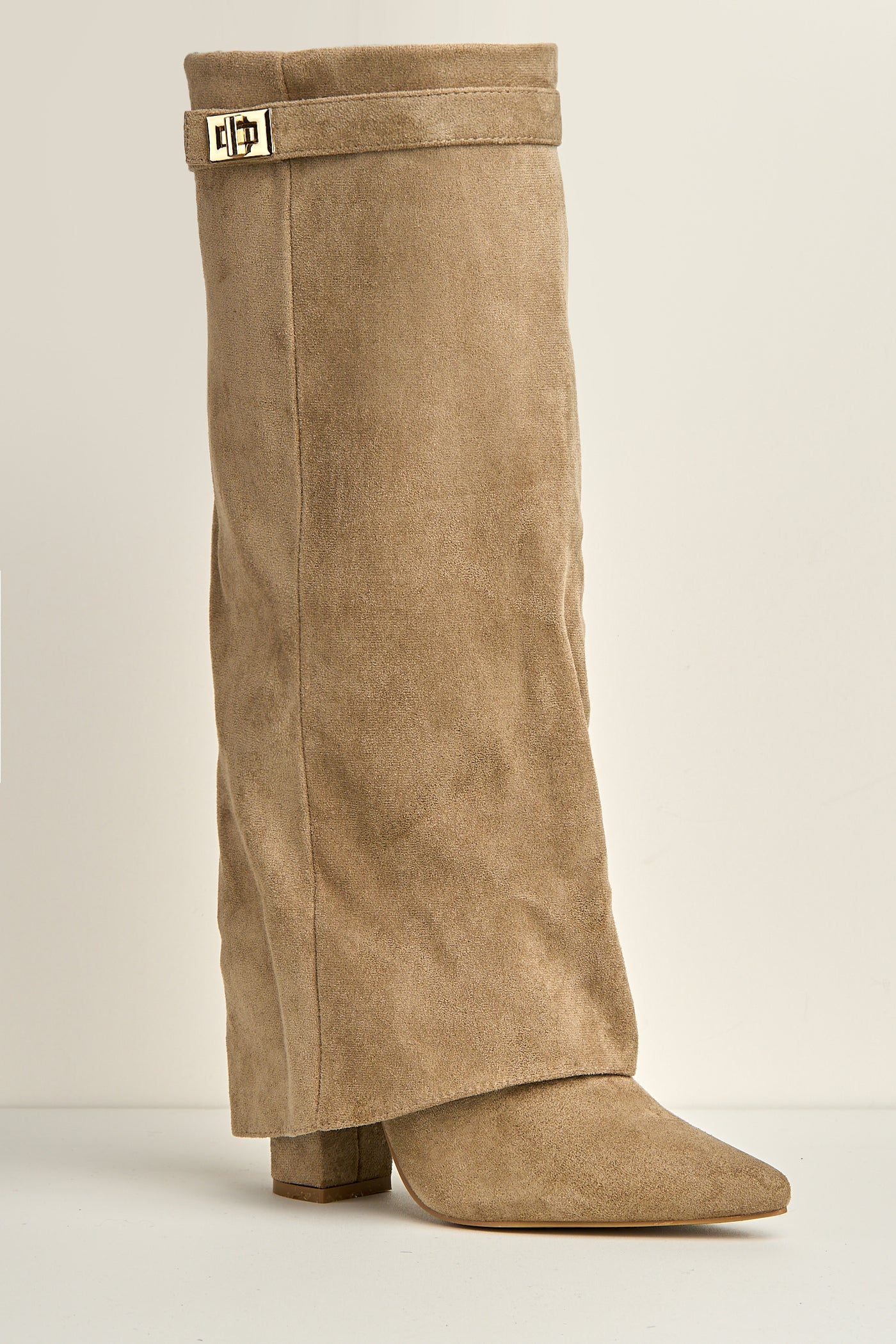 Ayla Block Heel Pointy Toe Gold Trim Buckle Collar Covered Calfboots In Taupe Suede BAILEYS14-TAUSU