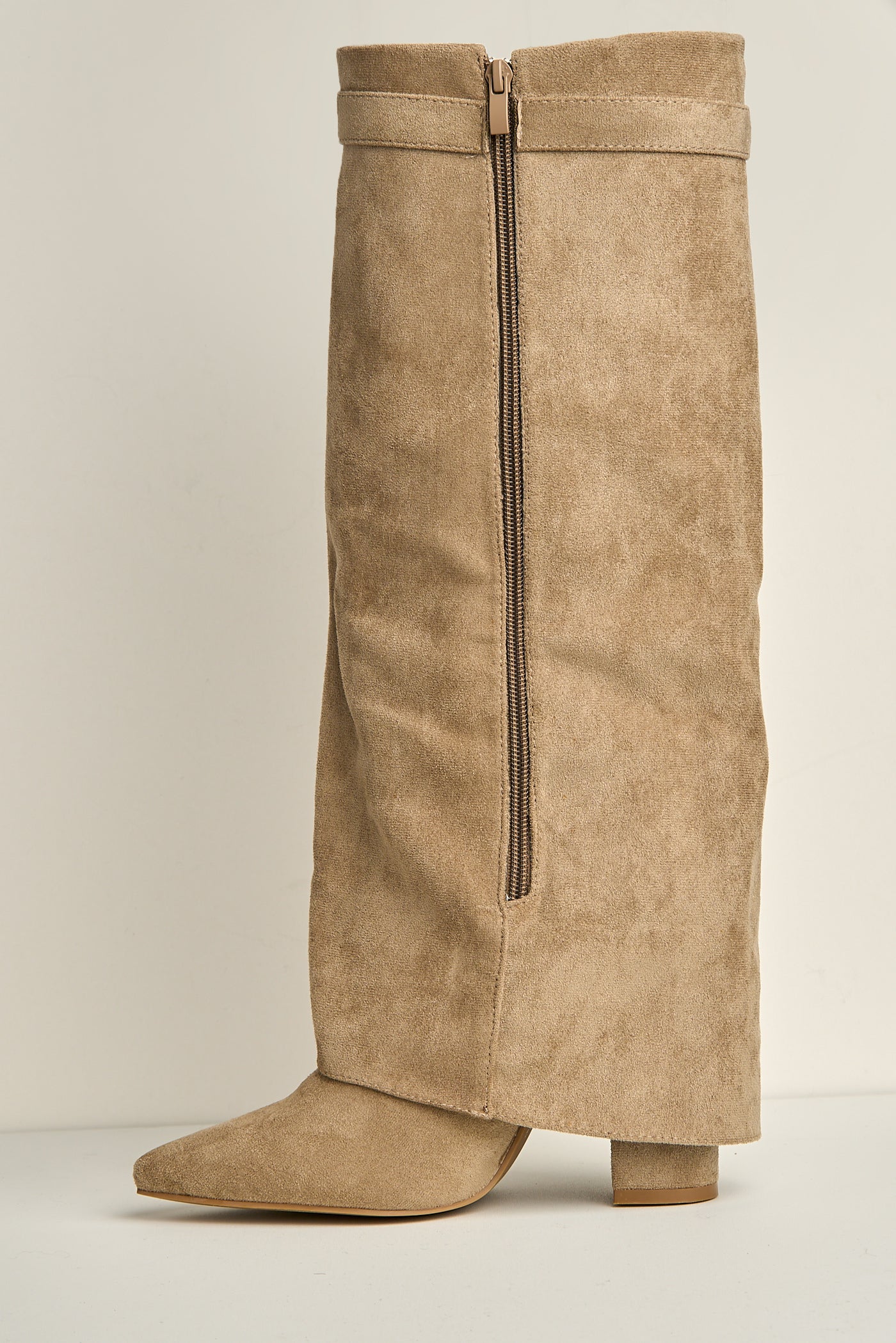 Ayla Block Heel Pointy Toe Gold Trim Buckle Collar Covered Calfboots In Taupe Suede BAILEYS14-TAUSU