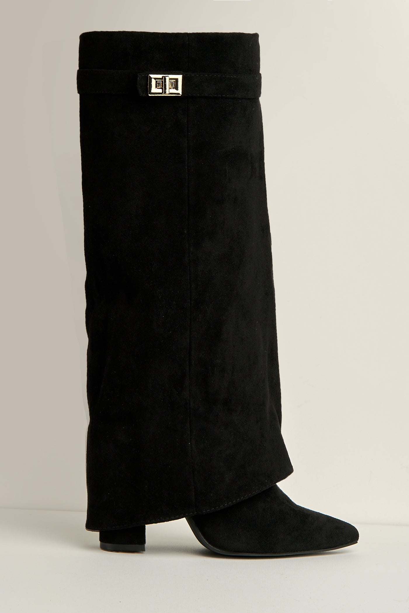 Ayla Block Heel Pointy Toe Gold Trim Buckle Collar Covered Calfboots In Black Suede BAILEYS14-BLKSU