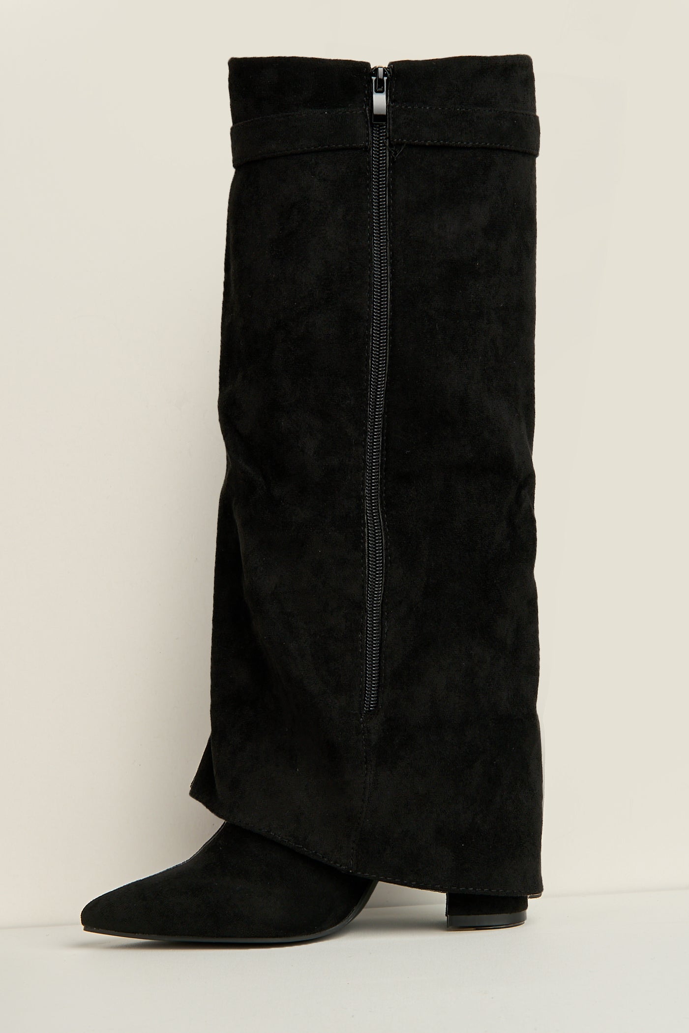 Ayla Block Heel Pointy Toe Gold Trim Buckle Collar Covered Calfboots In Black Suede BAILEYS14-BLKSU