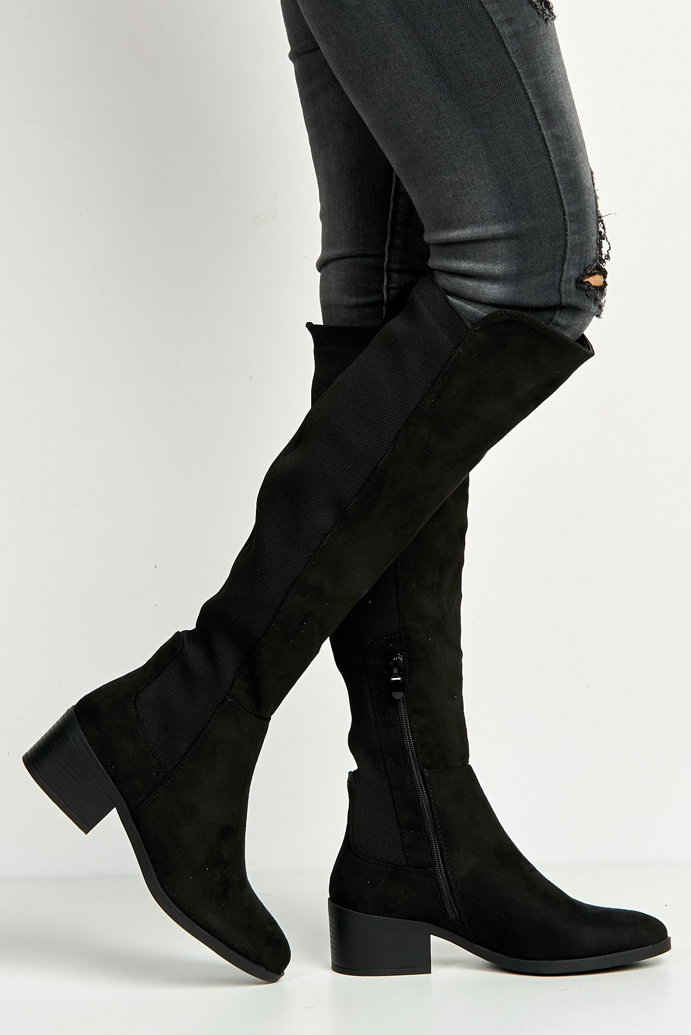 Lira Elastic Back Gusset Low Heel Calf Boots In Black Suede BELLINI1-BLKSU
