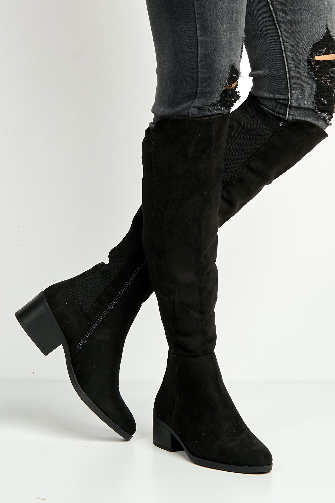 Lira Elastic Back Gusset Low Heel Calf Boots In Black Suede BELLINI1-BLKSU