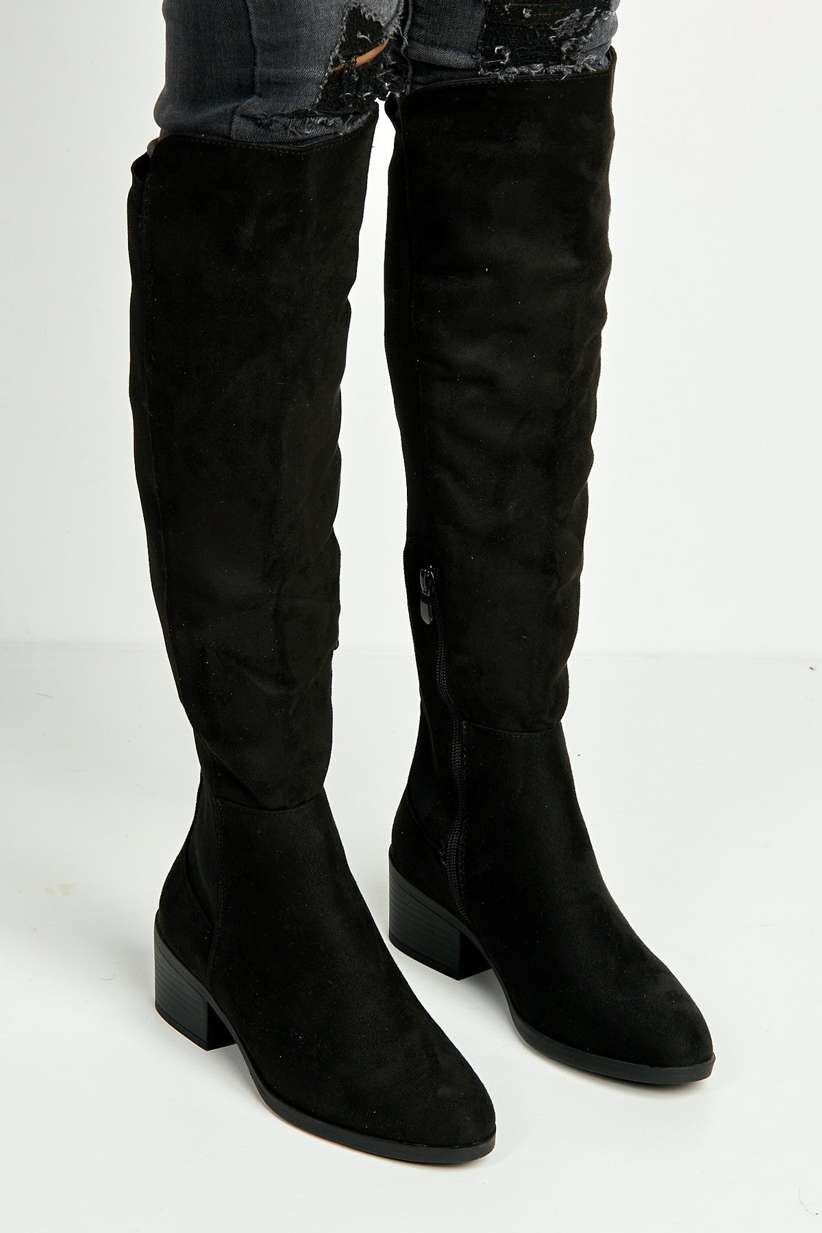 Lira Elastic Back Gusset Low Heel Calf Boots In Black Suede BELLINI1-BLKSU