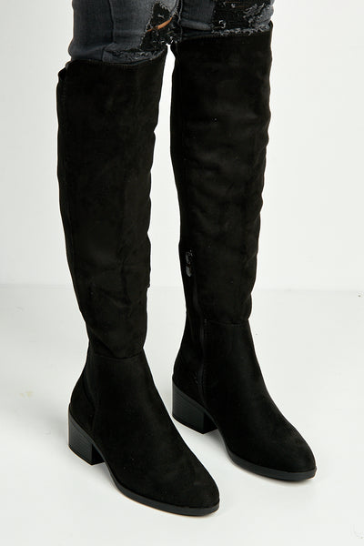 Black - Lira Elastic Back Gusset Low Heel Calf Boots In Black Suede by Miss Diva