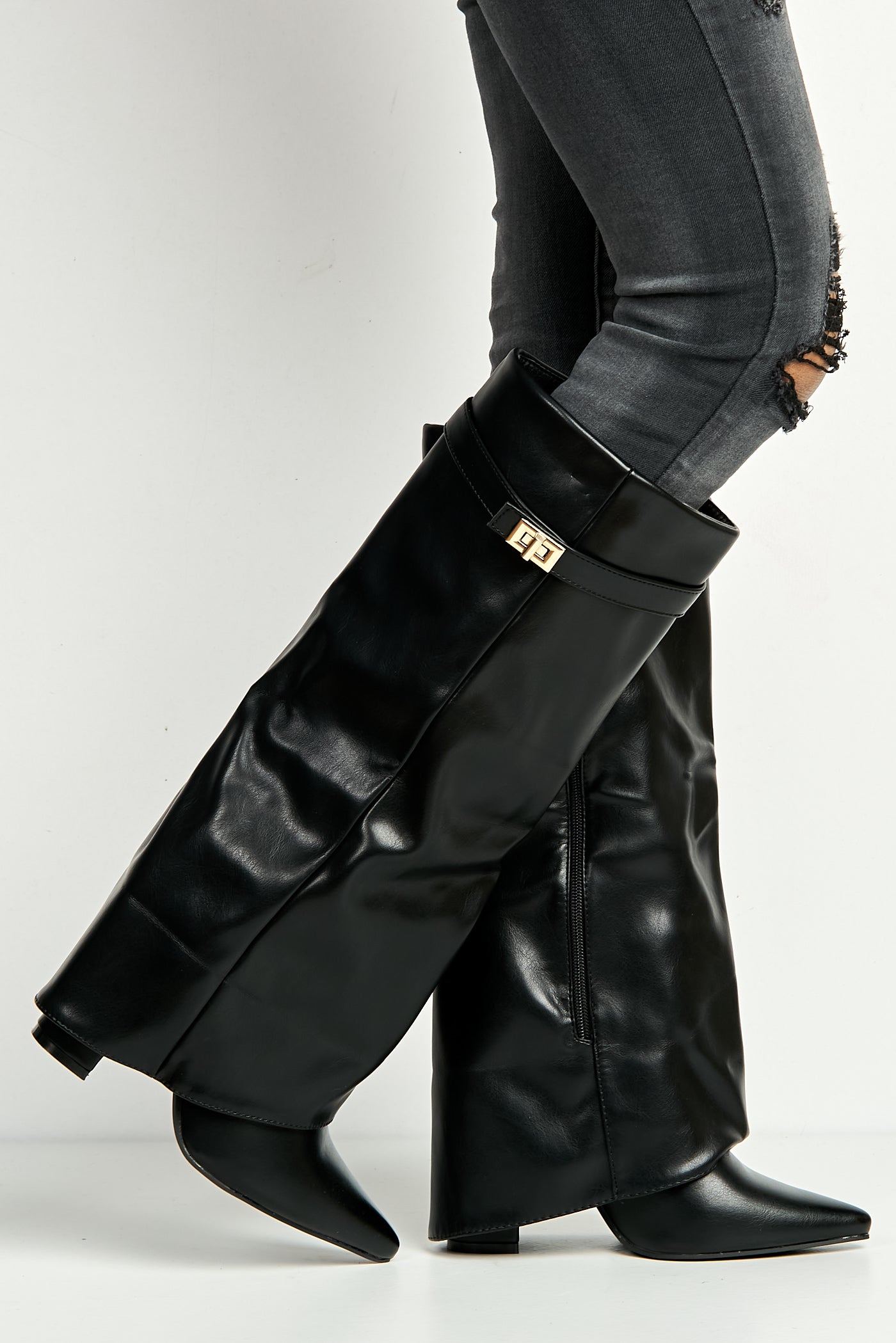 Ayla Block Heel Pointy Toe Gold Trim Buckle Collar Covered Calfboots In Black Matt BAILEYS14-BLKMT