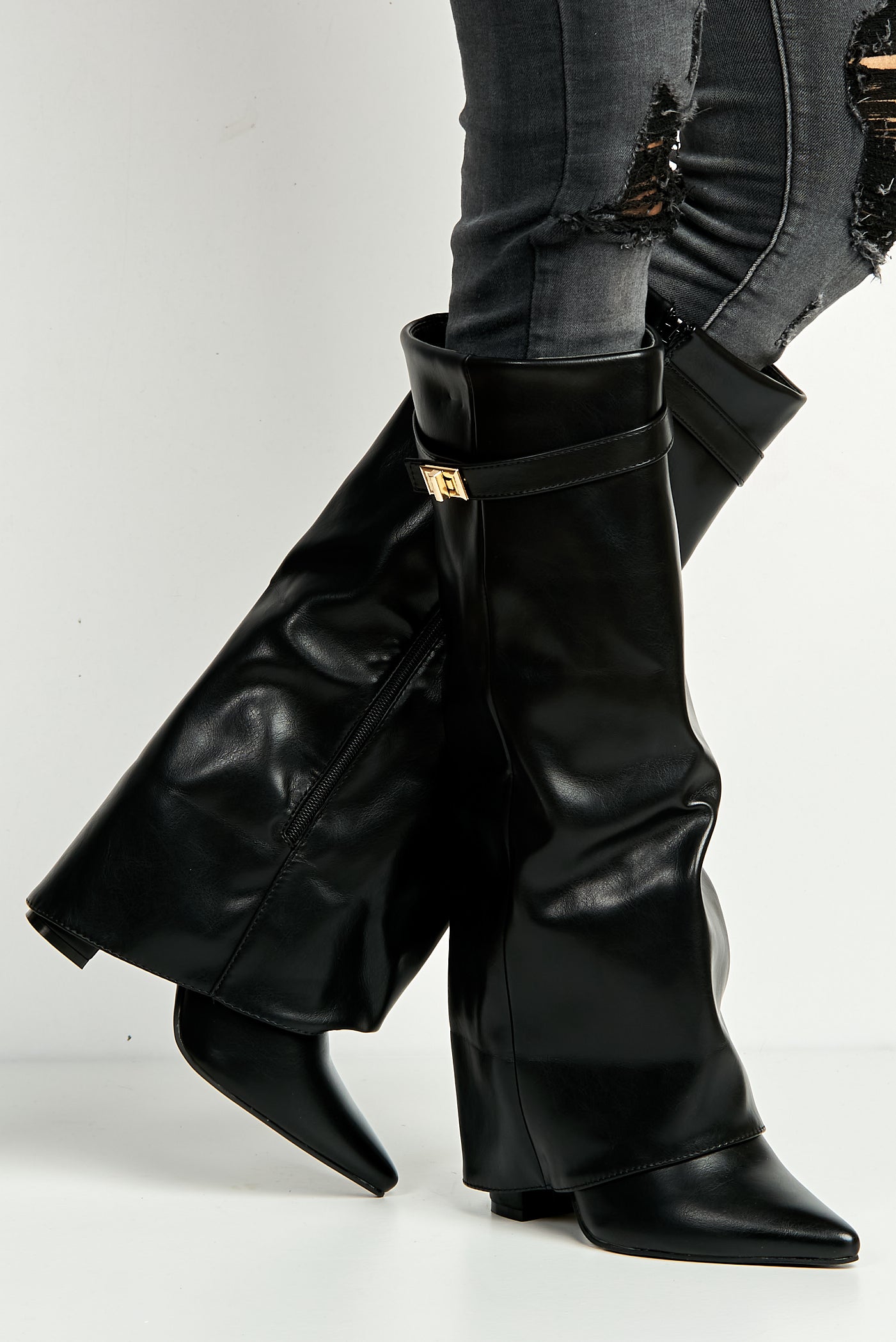 Ayla Block Heel Pointy Toe Gold Trim Buckle Collar Covered Calfboots In Black Matt BAILEYS14-BLKMT