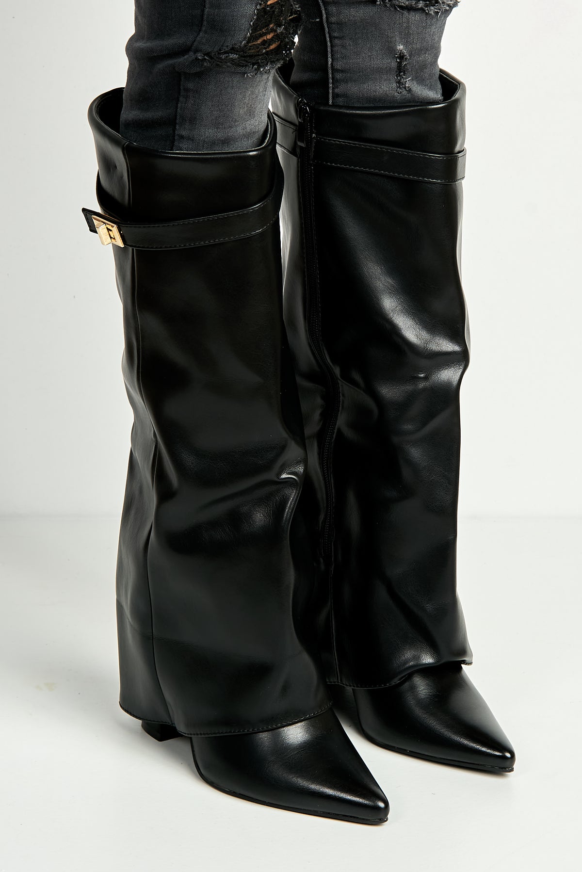 Ayla Block Heel Pointy Toe Gold Trim Buckle Collar Covered Calfboots In Black Matt BAILEYS14-BLKMT