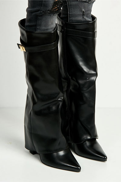 Black - Ayla Block Heel Pointy Toe Gold Trim Buckle Collar Covered Calfboots In Black Matt by Miss Diva