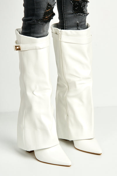 White - Ayla Block Heel Pointy Toe Gold Trim Buckle Collar Covered Calfboots In White Matt by Miss Diva