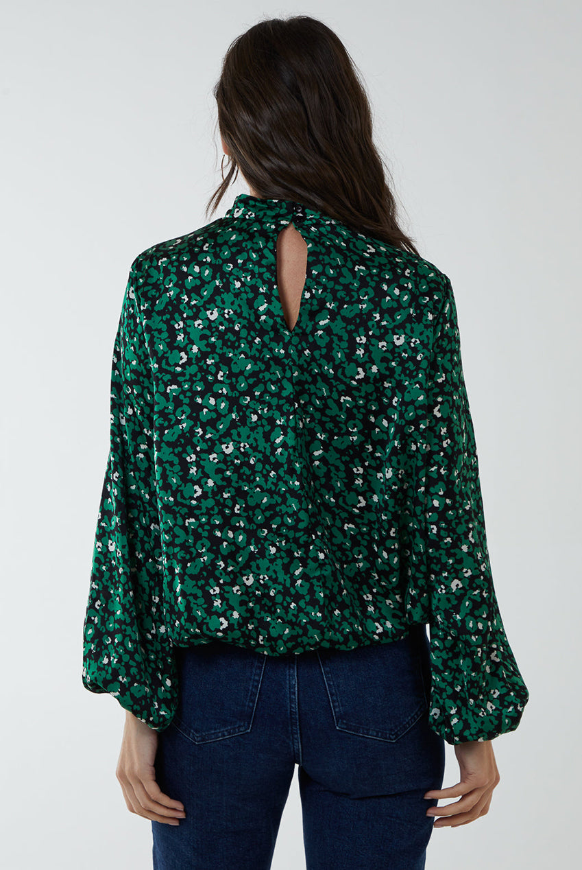 High Neck Leopard Print Satin Blouson Top BV222407023