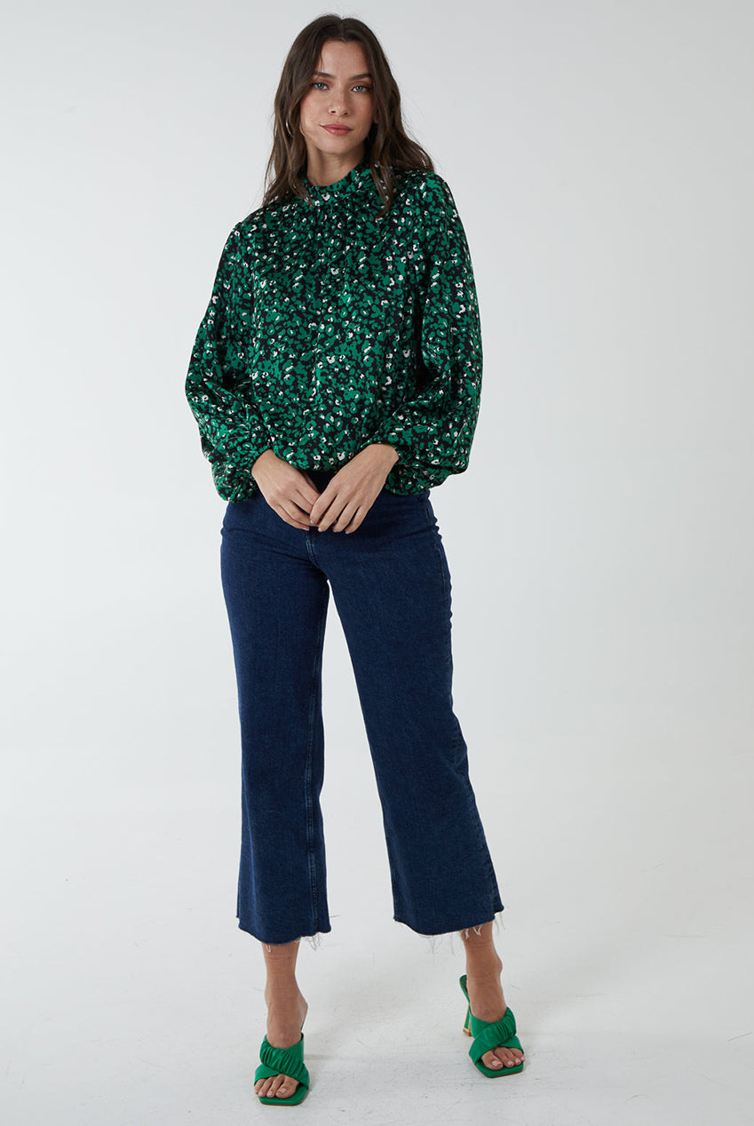 High Neck Leopard Print Satin Blouson Top BV222407023